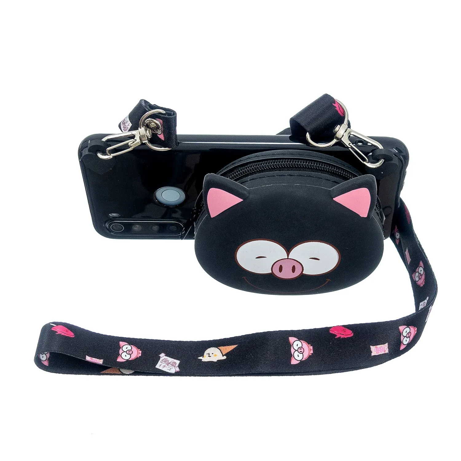 For Redmi Note 8/8T/8 Pro Cellphone Case Mobile Phone Shell Shockproof TPU Cover with Cartoon Cat Pig Panda Coin Purse Lovely Shoulder Starp  Black