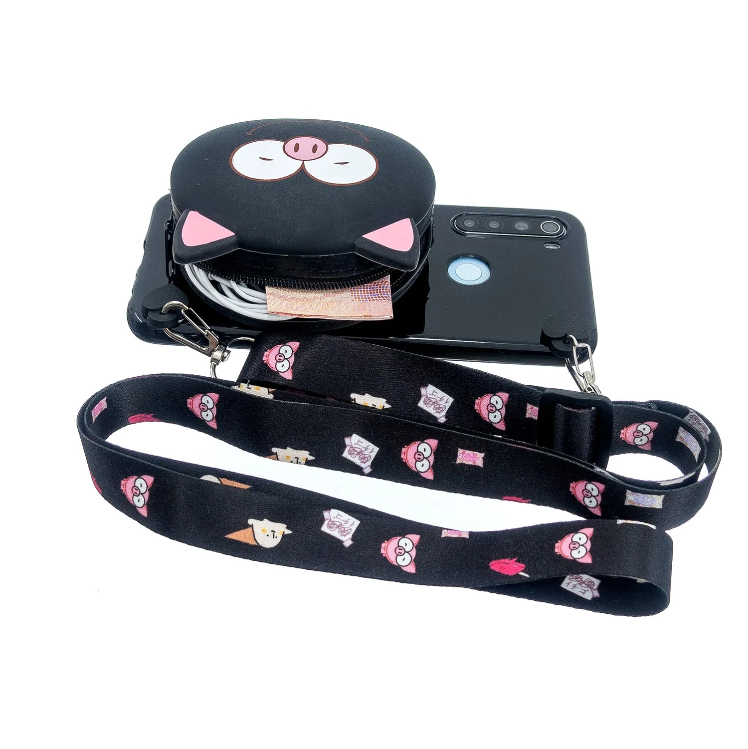 For Redmi Note 8/8T/8 Pro Cellphone Case Mobile Phone Shell Shockproof TPU Cover with Cartoon Cat Pig Panda Coin Purse Lovely Shoulder Starp  Black