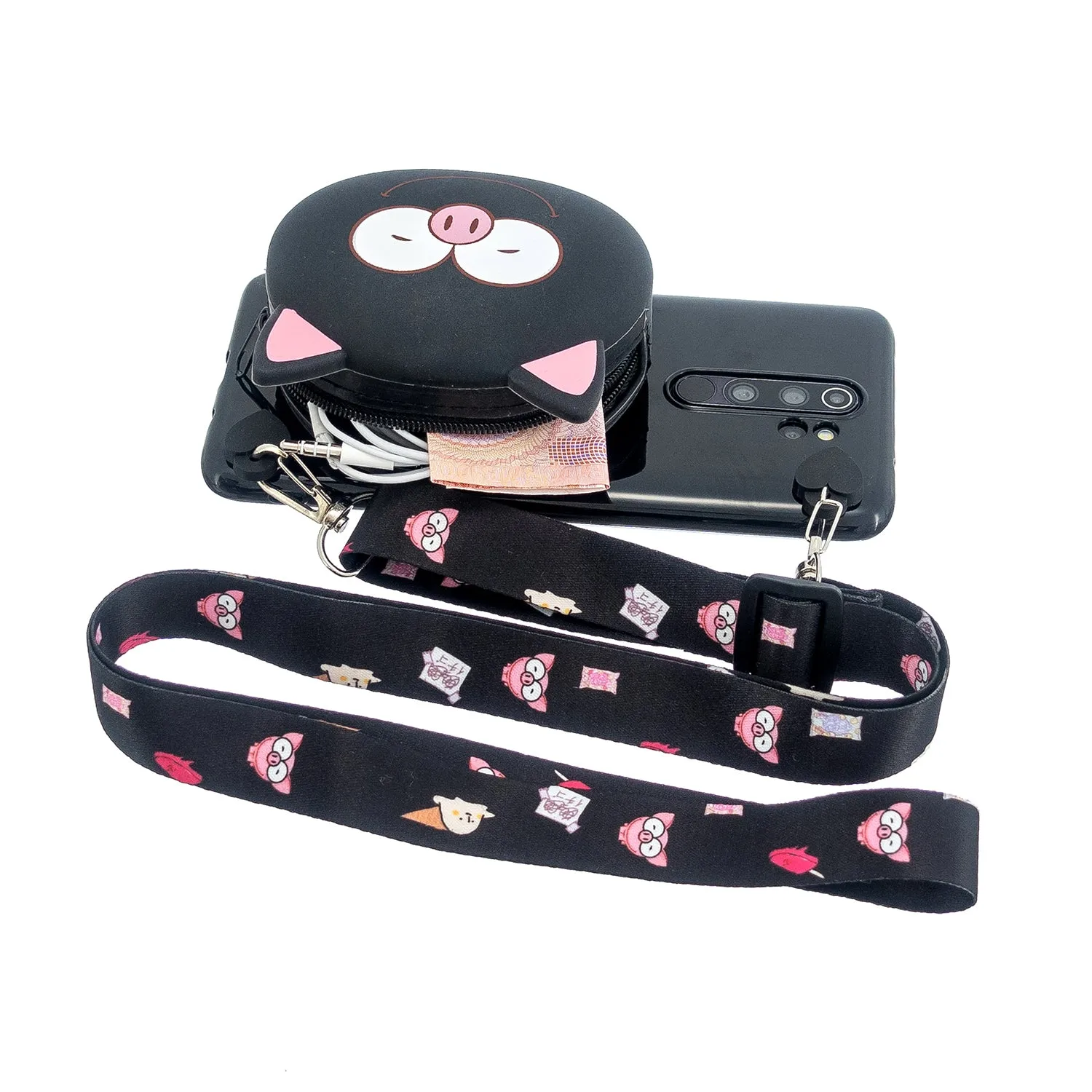 For Redmi Note 8/8T/8 Pro Cellphone Case Mobile Phone Shell Shockproof TPU Cover with Cartoon Cat Pig Panda Coin Purse Lovely Shoulder Starp  Black