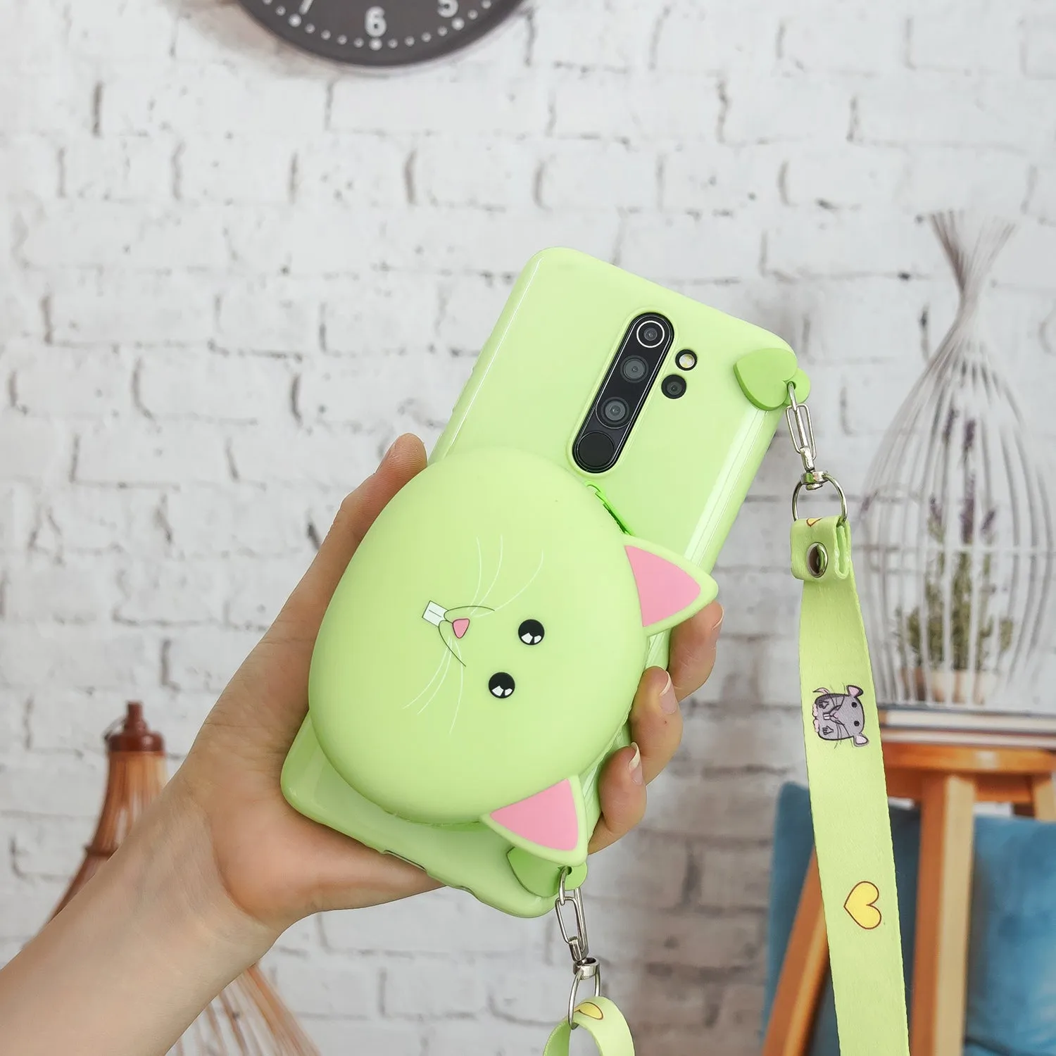 For Redmi Note 8/8T/8 Pro Cellphone Case Mobile Phone Shell Shockproof TPU Cover with Cartoon Cat Pig Panda Coin Purse Lovely Shoulder Starp  Green
