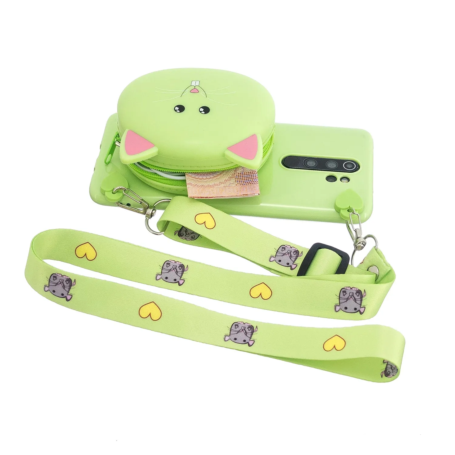 For Redmi Note 8/8T/8 Pro Cellphone Case Mobile Phone Shell Shockproof TPU Cover with Cartoon Cat Pig Panda Coin Purse Lovely Shoulder Starp  Green