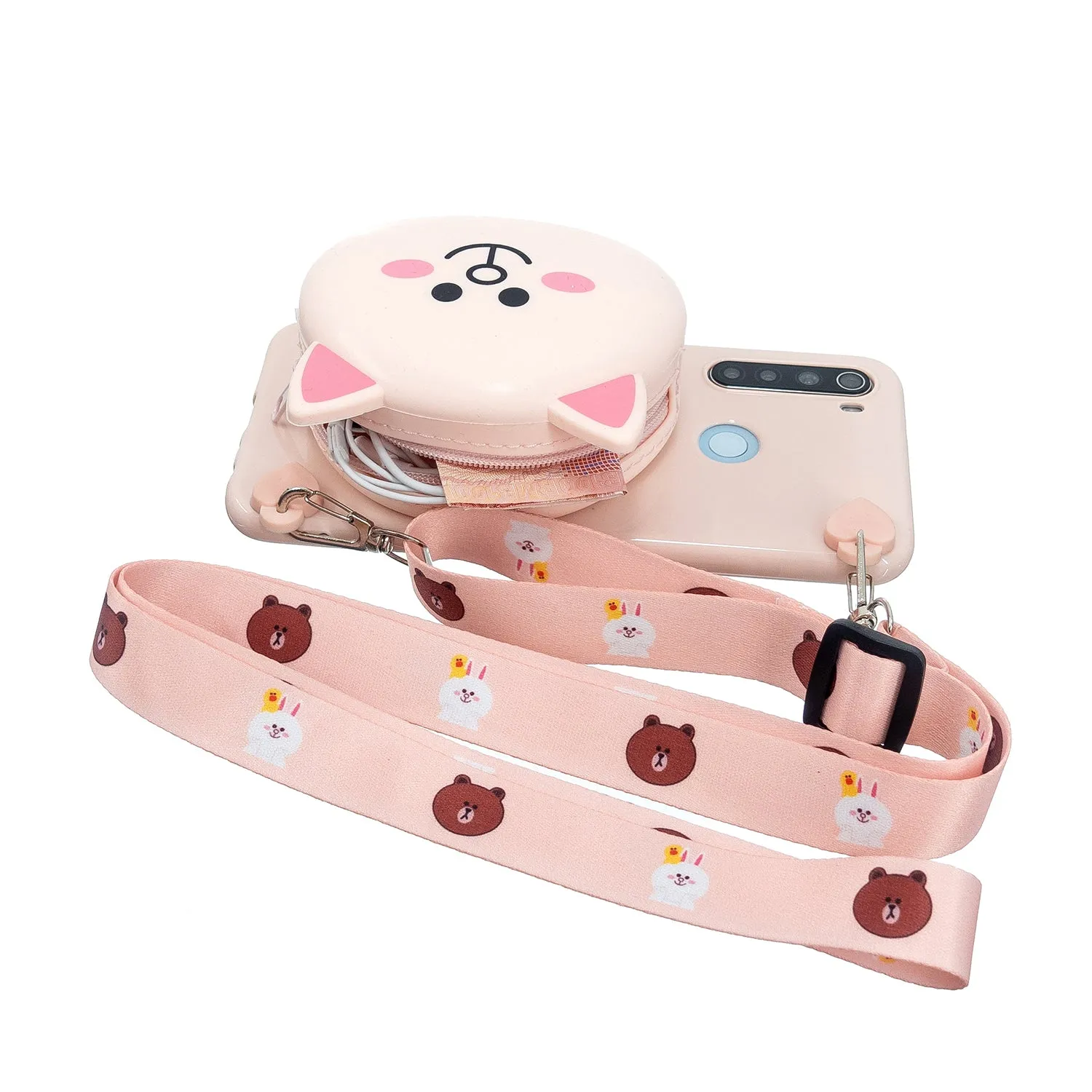 For Redmi Note 8/8T/8 Pro Cellphone Case Mobile Phone Shell Shockproof TPU Cover with Cartoon Cat Pig Panda Coin Purse Lovely Shoulder Starp  Pink