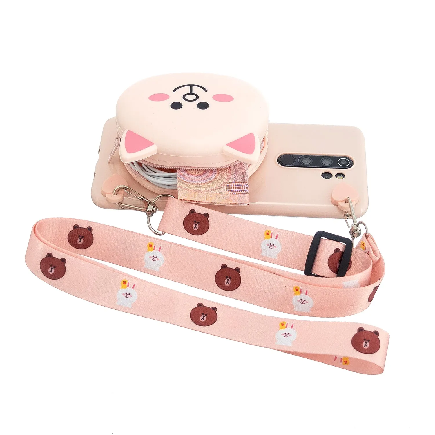For Redmi Note 8/8T/8 Pro Cellphone Case Mobile Phone Shell Shockproof TPU Cover with Cartoon Cat Pig Panda Coin Purse Lovely Shoulder Starp  Pink