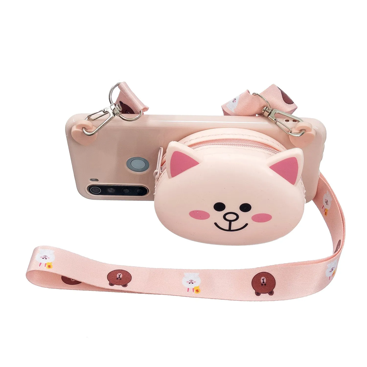 For Redmi Note 8/8T/8 Pro Cellphone Case Mobile Phone Shell Shockproof TPU Cover with Cartoon Cat Pig Panda Coin Purse Lovely Shoulder Starp  Pink