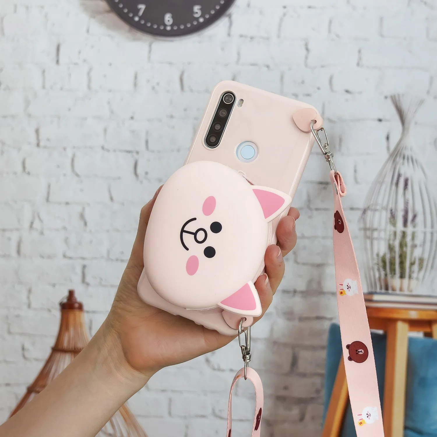 For Redmi Note 8/8T/8 Pro Cellphone Case Mobile Phone Shell Shockproof TPU Cover with Cartoon Cat Pig Panda Coin Purse Lovely Shoulder Starp  Pink