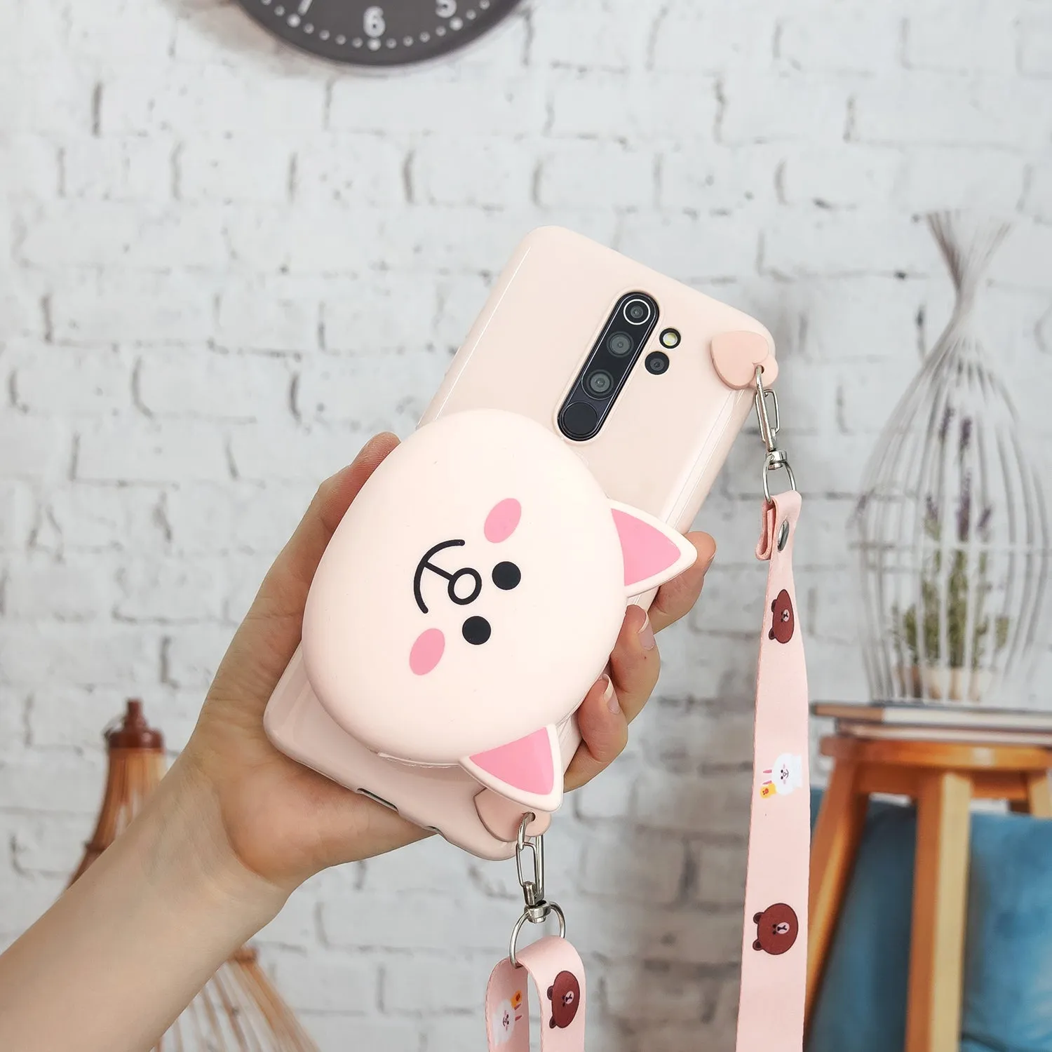 For Redmi Note 8/8T/8 Pro Cellphone Case Mobile Phone Shell Shockproof TPU Cover with Cartoon Cat Pig Panda Coin Purse Lovely Shoulder Starp  Pink