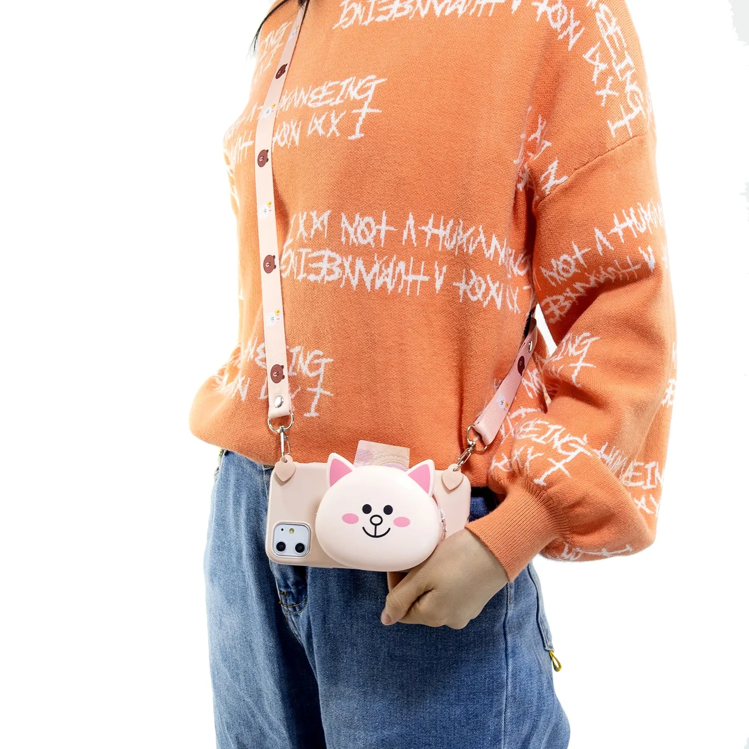 For Redmi Note 8/8T/8 Pro Cellphone Case Mobile Phone Shell Shockproof TPU Cover with Cartoon Cat Pig Panda Coin Purse Lovely Shoulder Starp  Pink