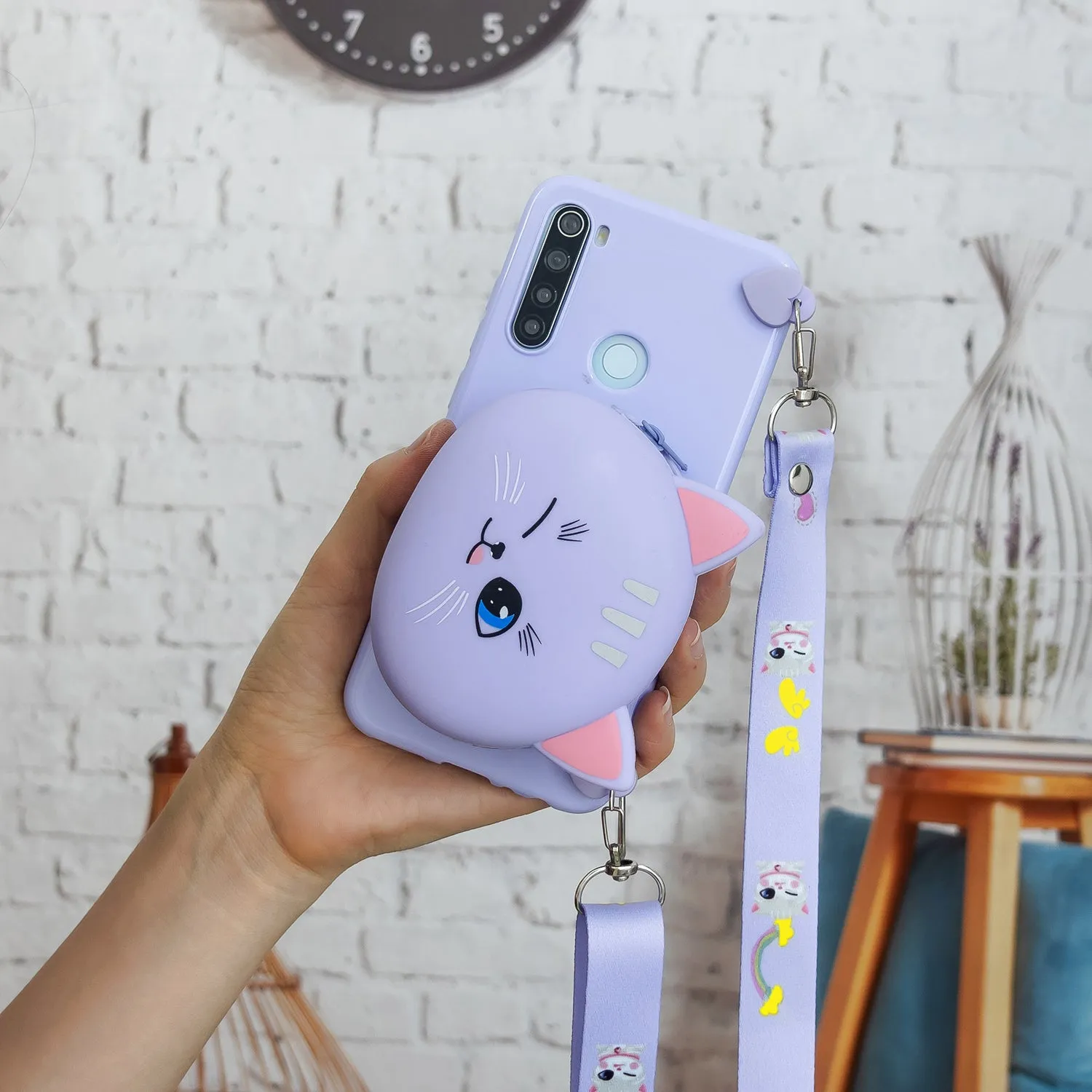 For Redmi Note 8/8T/8 Pro Cellphone Case Mobile Phone Shell Shockproof TPU Cover with Cartoon Cat Pig Panda Coin Purse Lovely Shoulder Starp  Pink