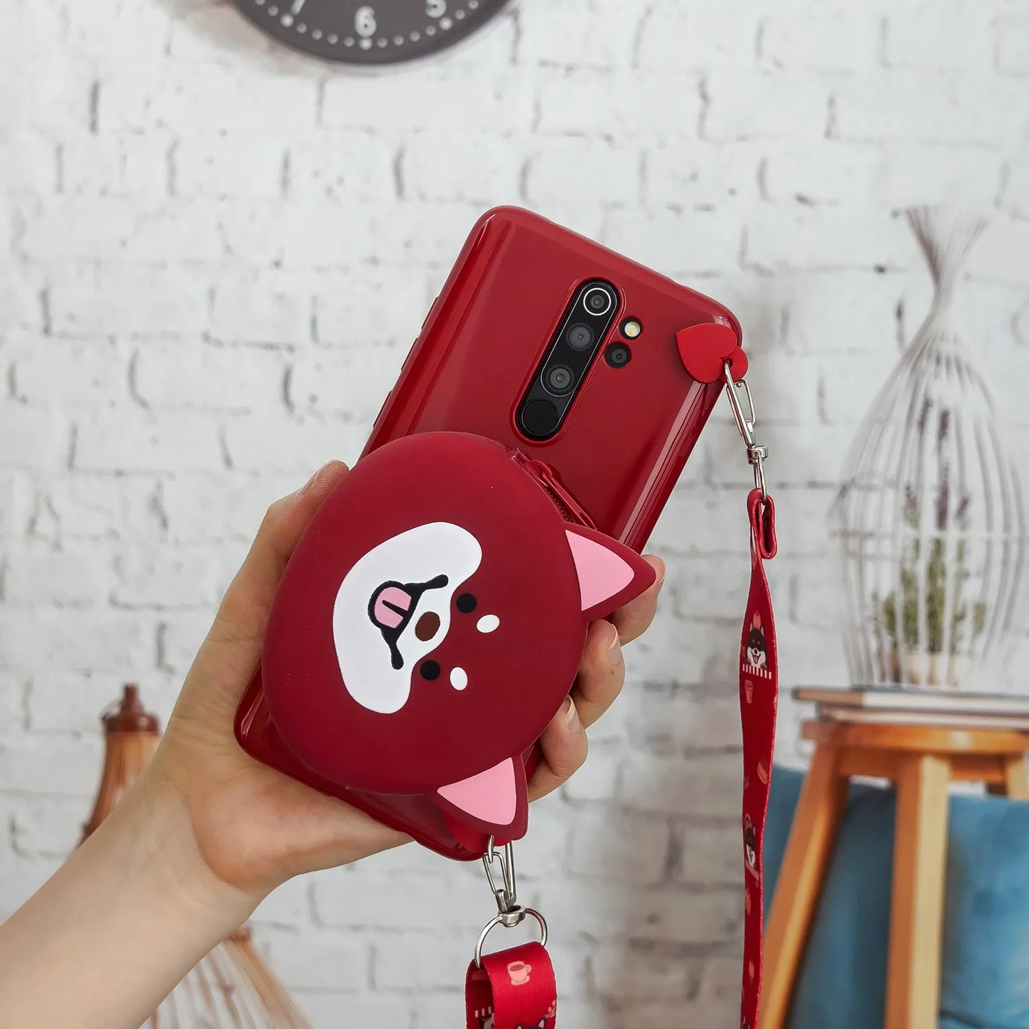 For Redmi Note 8/8T/8 Pro Cellphone Case Mobile Phone Shell Shockproof TPU Cover with Cartoon Cat Pig Panda Coin Purse Lovely Shoulder Starp  Red