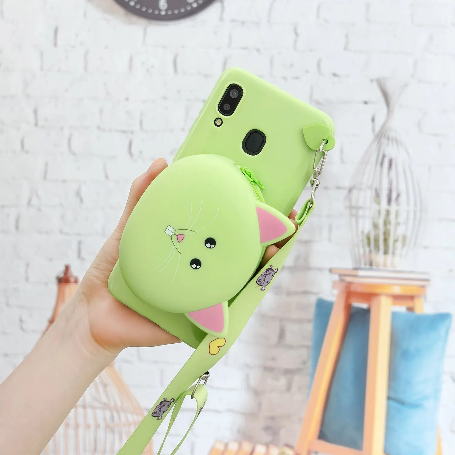 For Samsung A10/A20/A30 Case Mobile Phone Shell Shockproof TPU Cellphone Cover with Cartoon Cat Pig Panda Coin Purse Lovely Shoulder Starp  Green