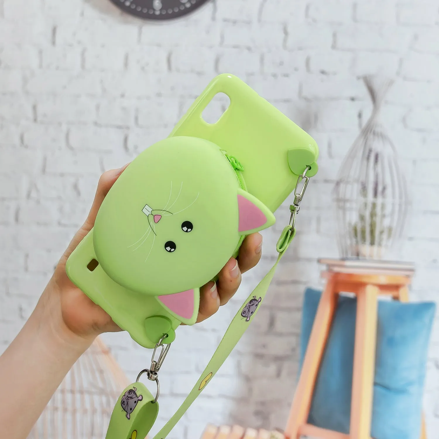 For Samsung A10/A20/A30 Case Mobile Phone Shell Shockproof TPU Cellphone Cover with Cartoon Cat Pig Panda Coin Purse Lovely Shoulder Starp  Green