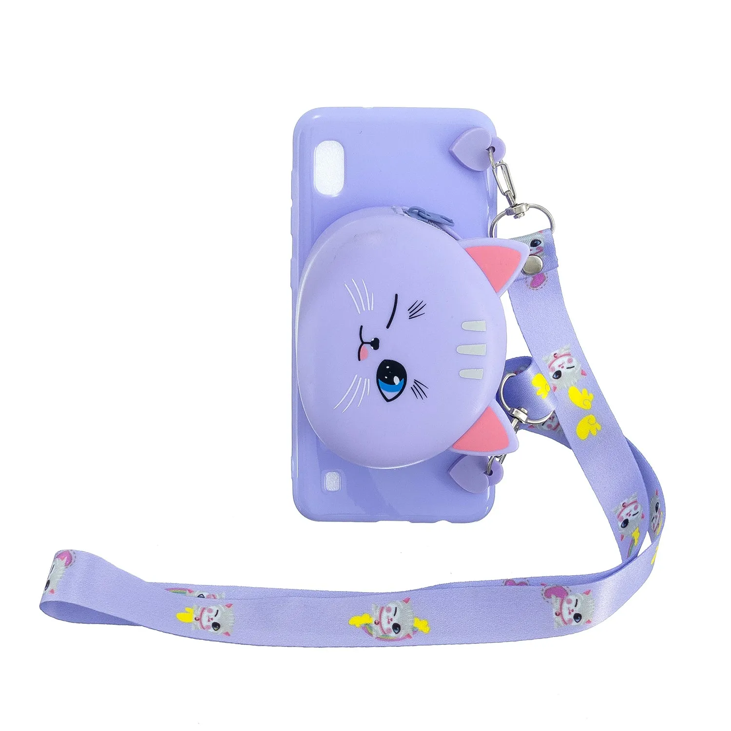 For Samsung A10/A20/A30 Case Mobile Phone Shell Shockproof TPU Cellphone Cover with Cartoon Cat Pig Panda Coin Purse Lovely Shoulder Starp  Green