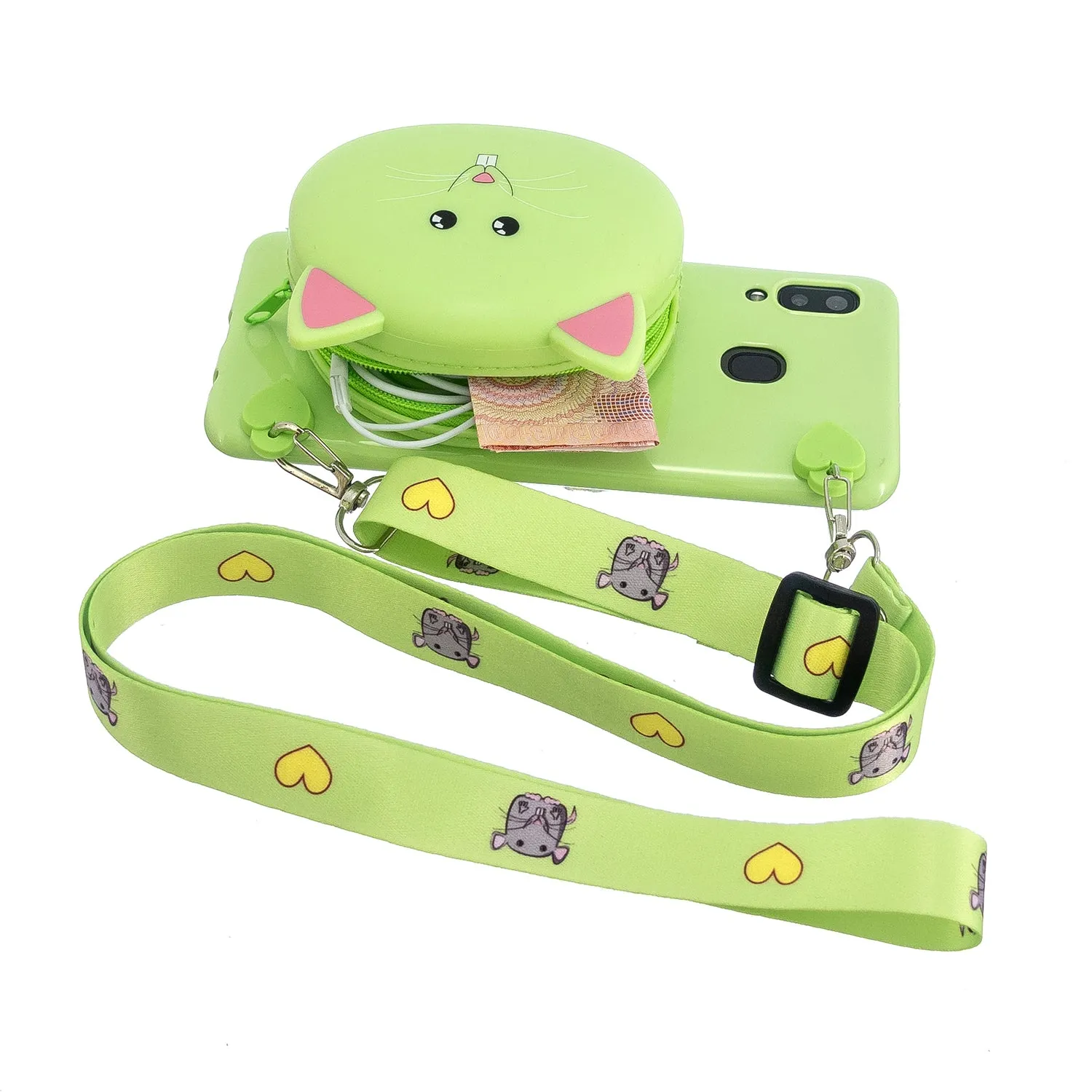 For Samsung A10/A20/A30 Case Mobile Phone Shell Shockproof TPU Cellphone Cover with Cartoon Cat Pig Panda Coin Purse Lovely Shoulder Starp  Green
