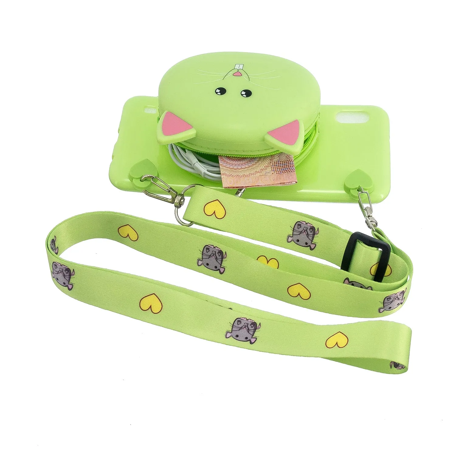 For Samsung A10/A20/A30 Case Mobile Phone Shell Shockproof TPU Cellphone Cover with Cartoon Cat Pig Panda Coin Purse Lovely Shoulder Starp  Green