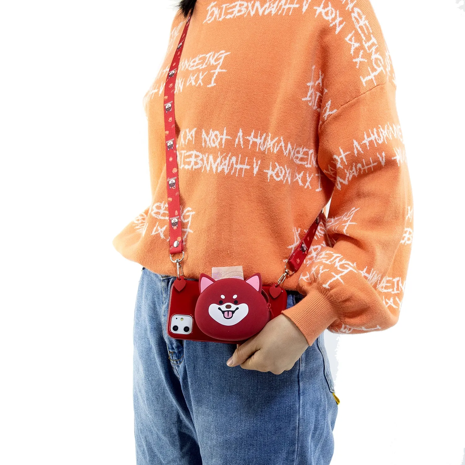 For Samsung A10/A20/A30 Case Mobile Phone Shell Shockproof TPU Cellphone Cover with Cartoon Cat Pig Panda Coin Purse Lovely Shoulder Starp  Red