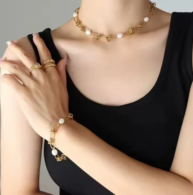 French Baroque-Style Electroplated Stainless Steel Pearl Women Jewelry Necklace 18"