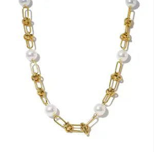 French Baroque-Style Electroplated Stainless Steel Pearl Women Jewelry Necklace 18"