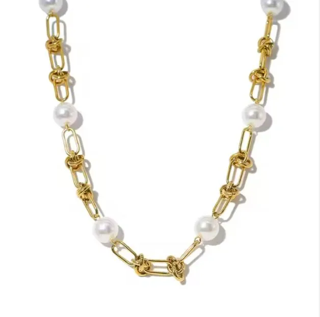 French Baroque-Style Electroplated Stainless Steel Pearl Women Jewelry Necklace 18"