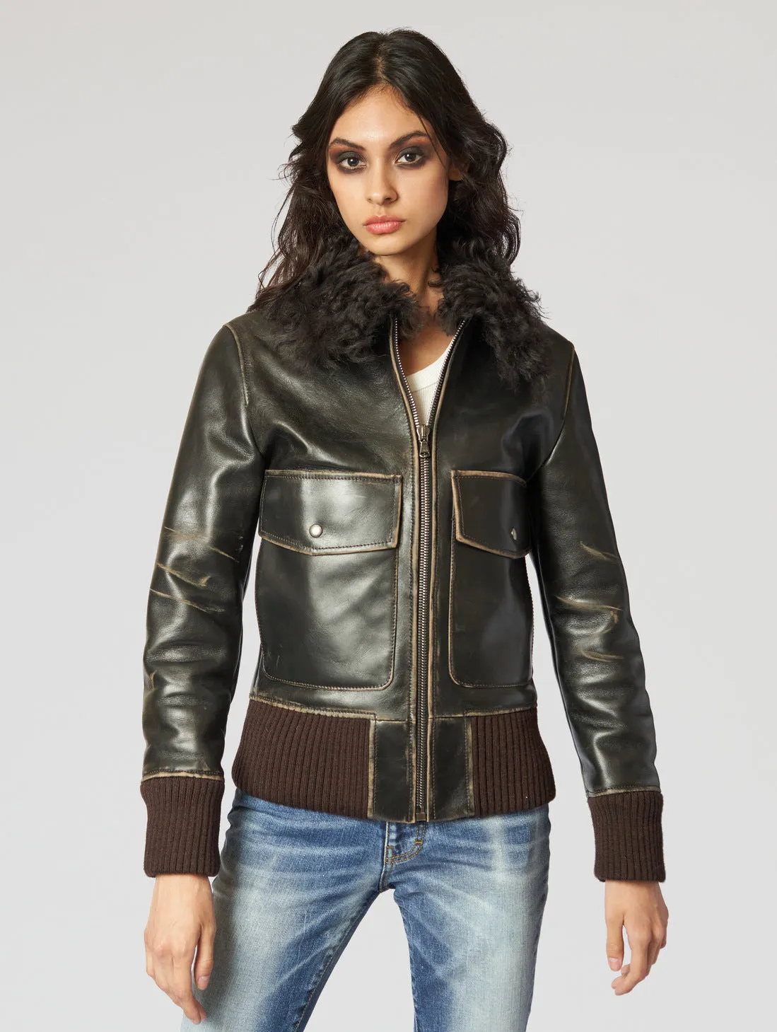 GLORIA AVIATOR LEATHER JACKET IN VINTAGE BROWN - Woman