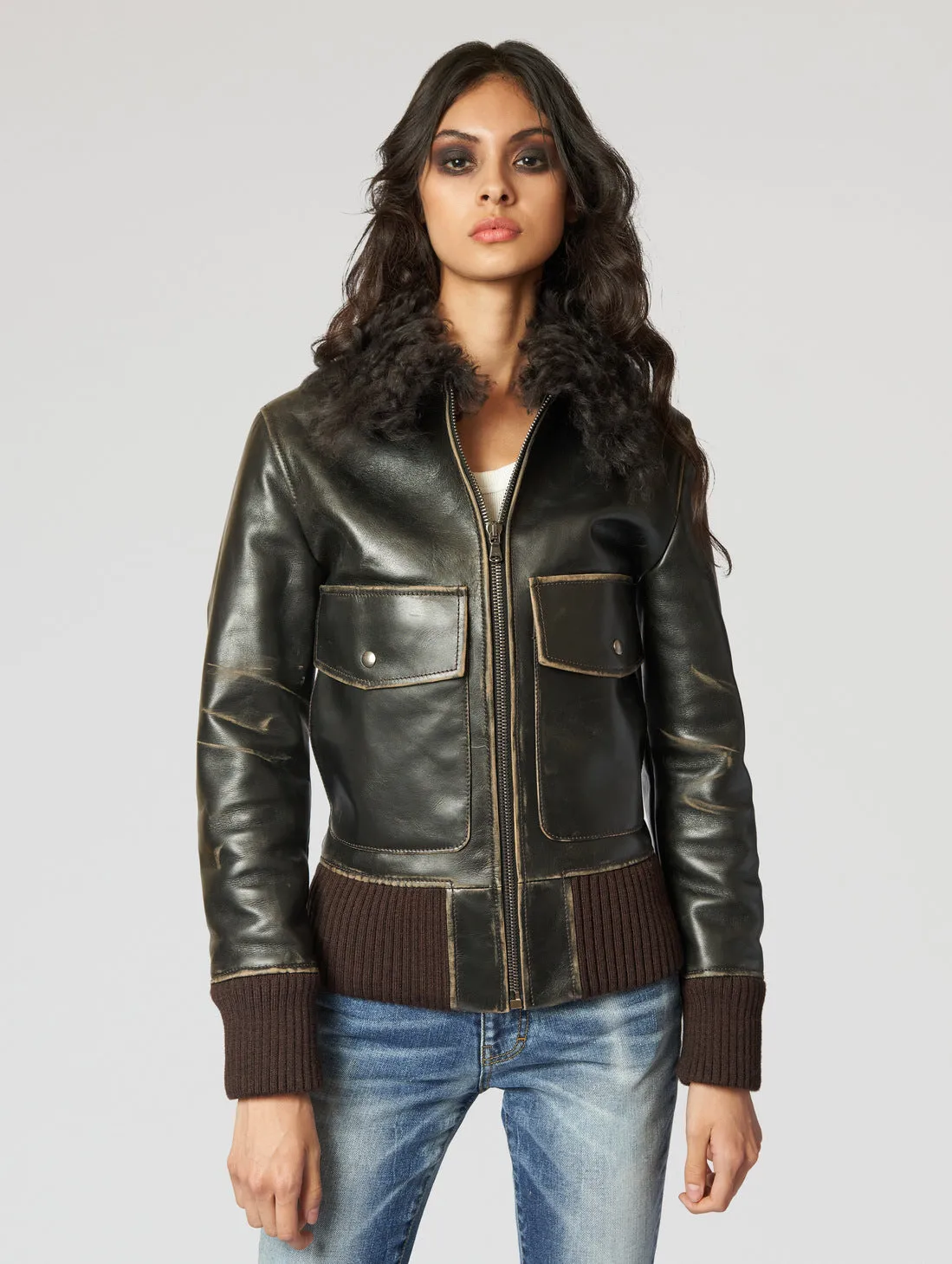 GLORIA AVIATOR LEATHER JACKET IN VINTAGE BROWN - Woman