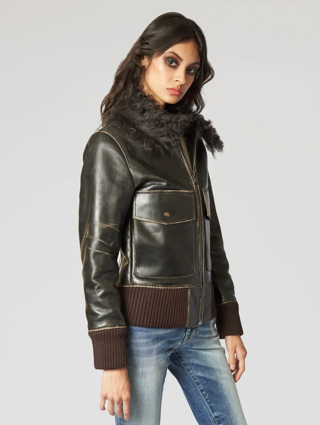 GLORIA AVIATOR LEATHER JACKET IN VINTAGE BROWN - Woman