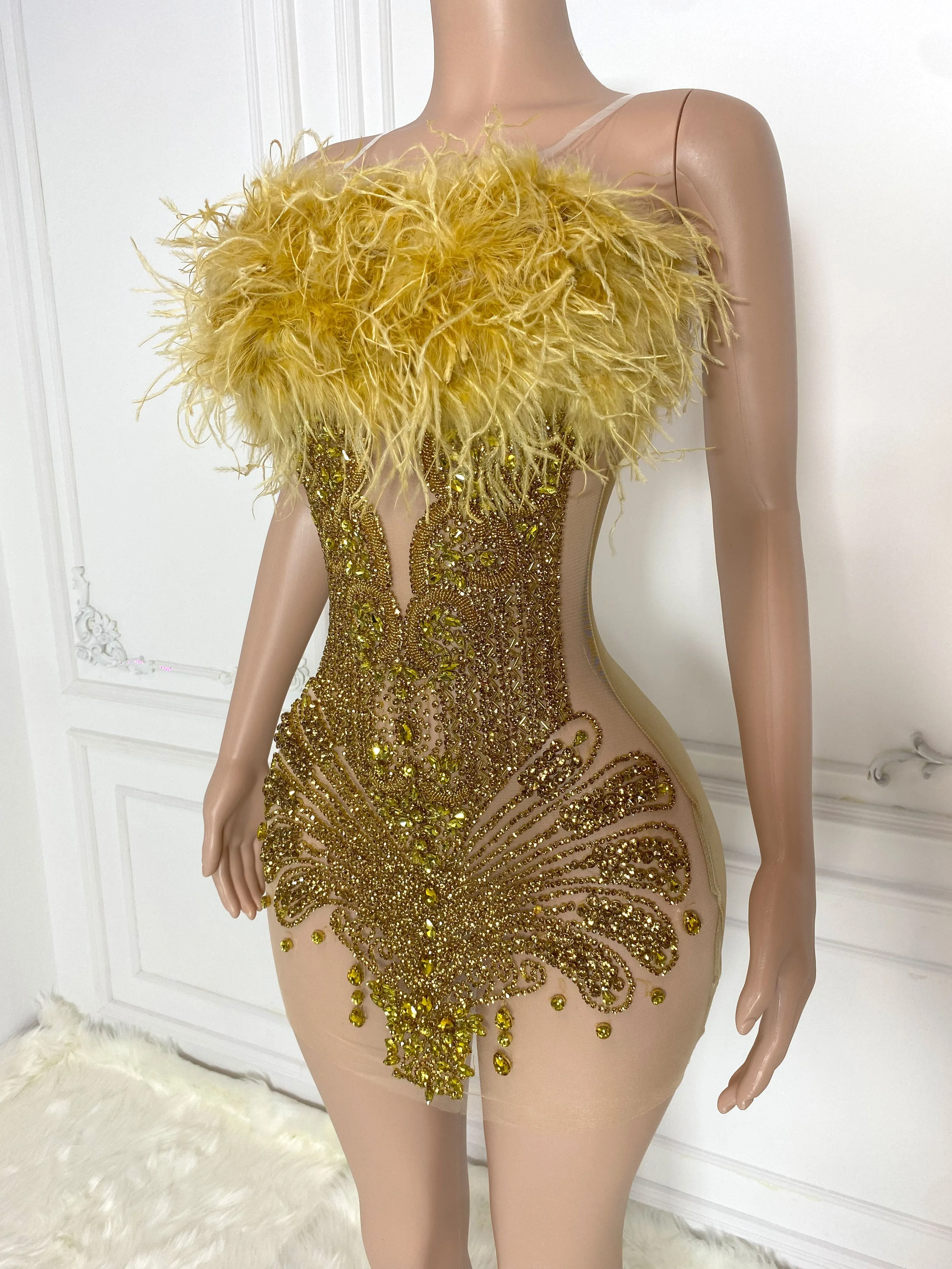 Gold Fur and Rhinestone Embellished Sleeveless Mini Dress