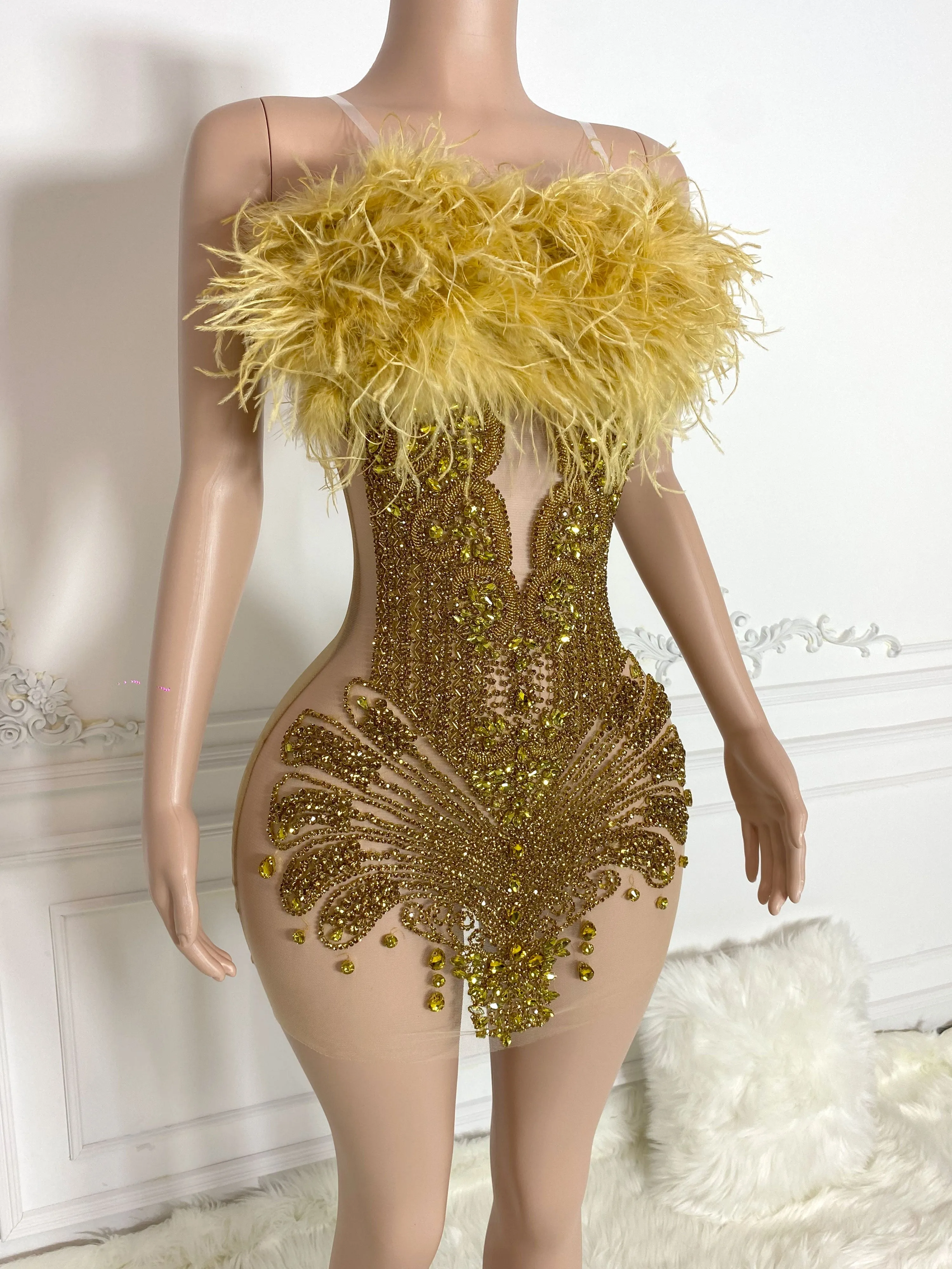Gold Fur and Rhinestone Embellished Sleeveless Mini Dress