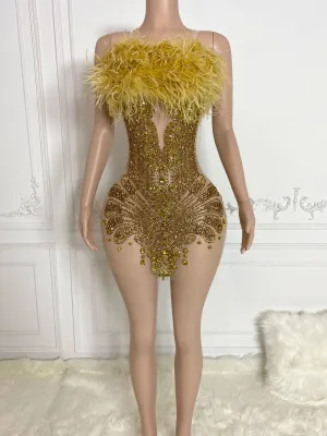 Gold Fur and Rhinestone Embellished Sleeveless Mini Dress