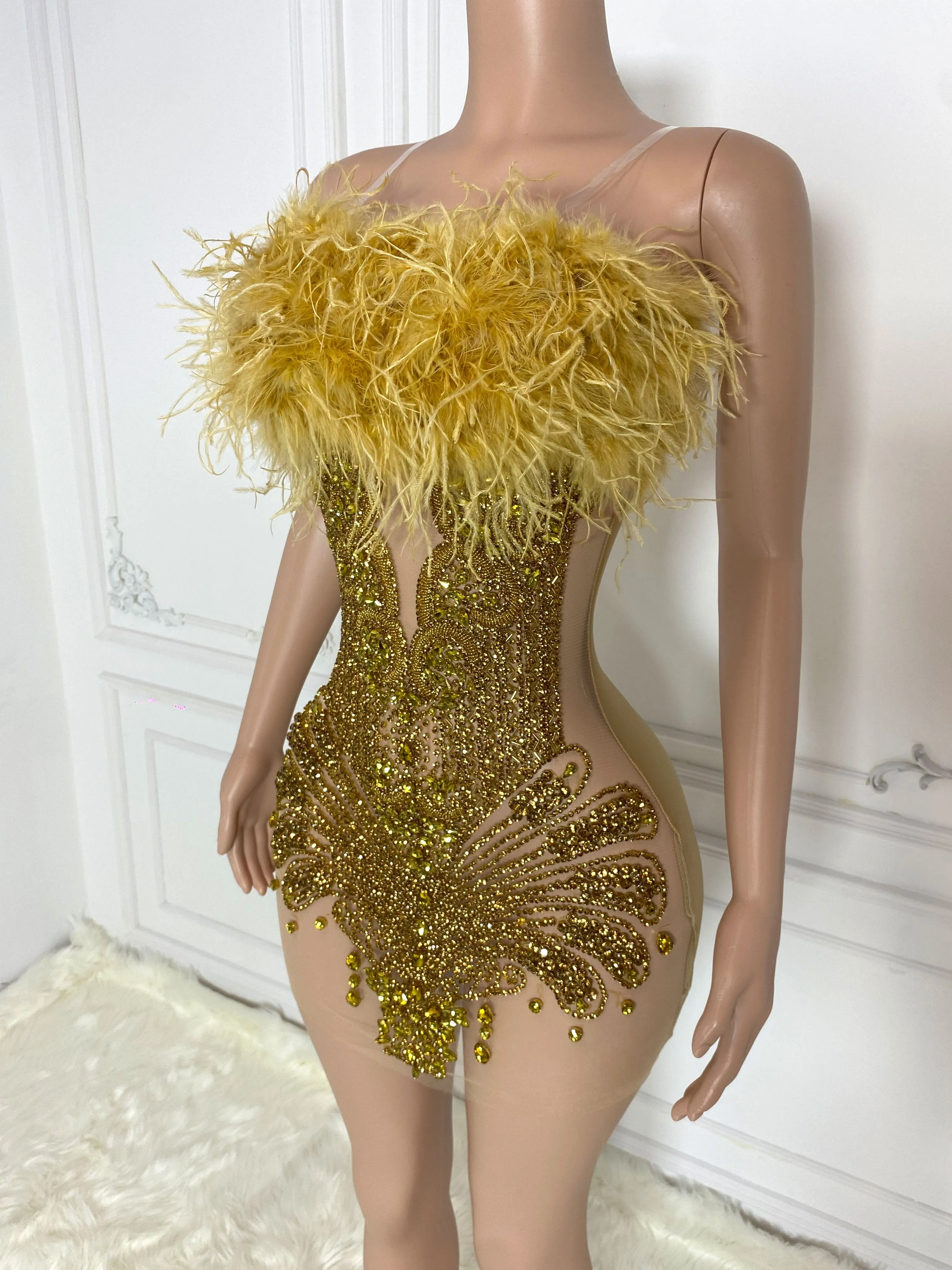 Gold Fur and Rhinestone Embellished Sleeveless Mini Dress