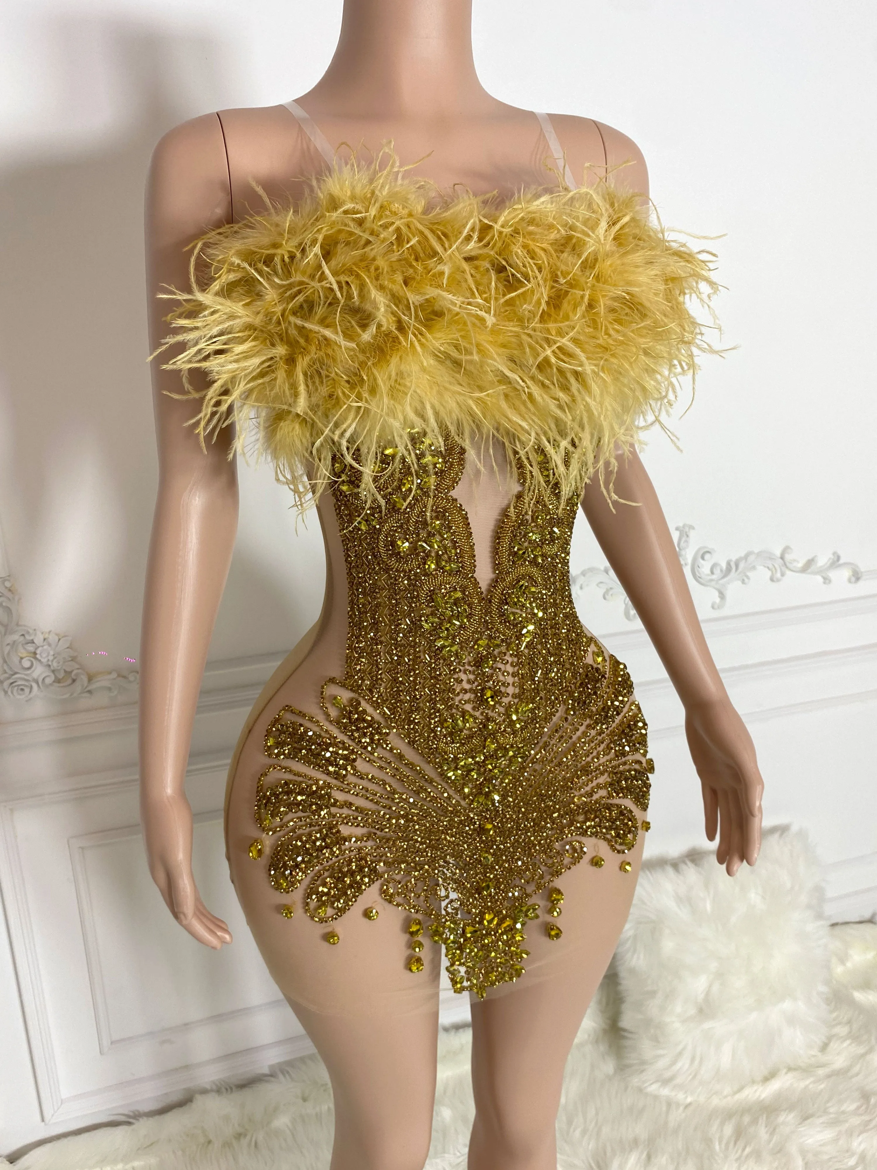 Gold Fur and Rhinestone Embellished Sleeveless Mini Dress