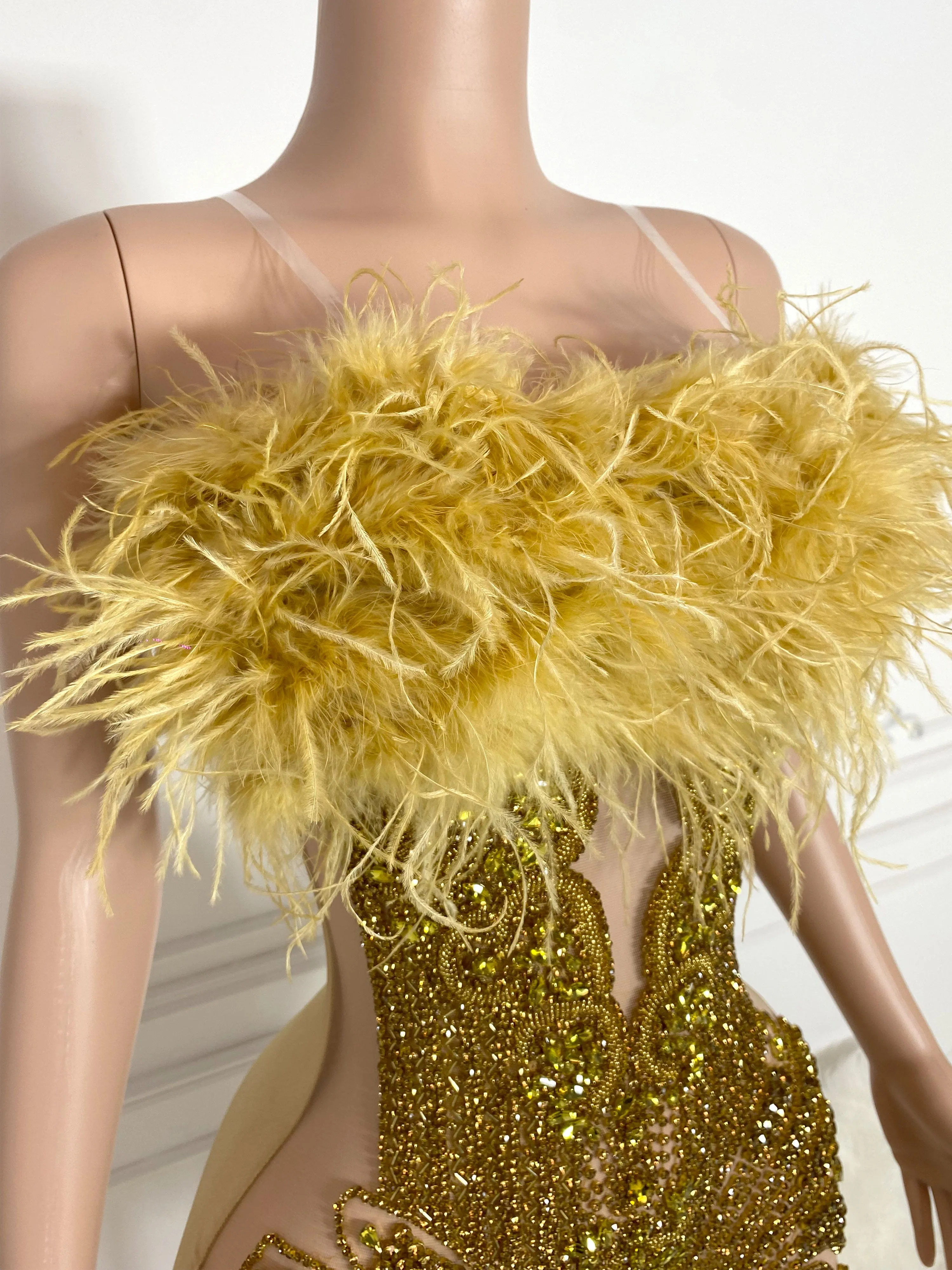 Gold Fur and Rhinestone Embellished Sleeveless Mini Dress