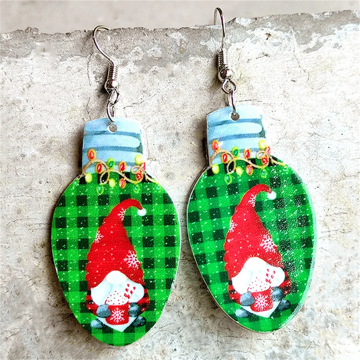 Green & Red Buffalo Check Christmas Lightbulb Drop Earrings