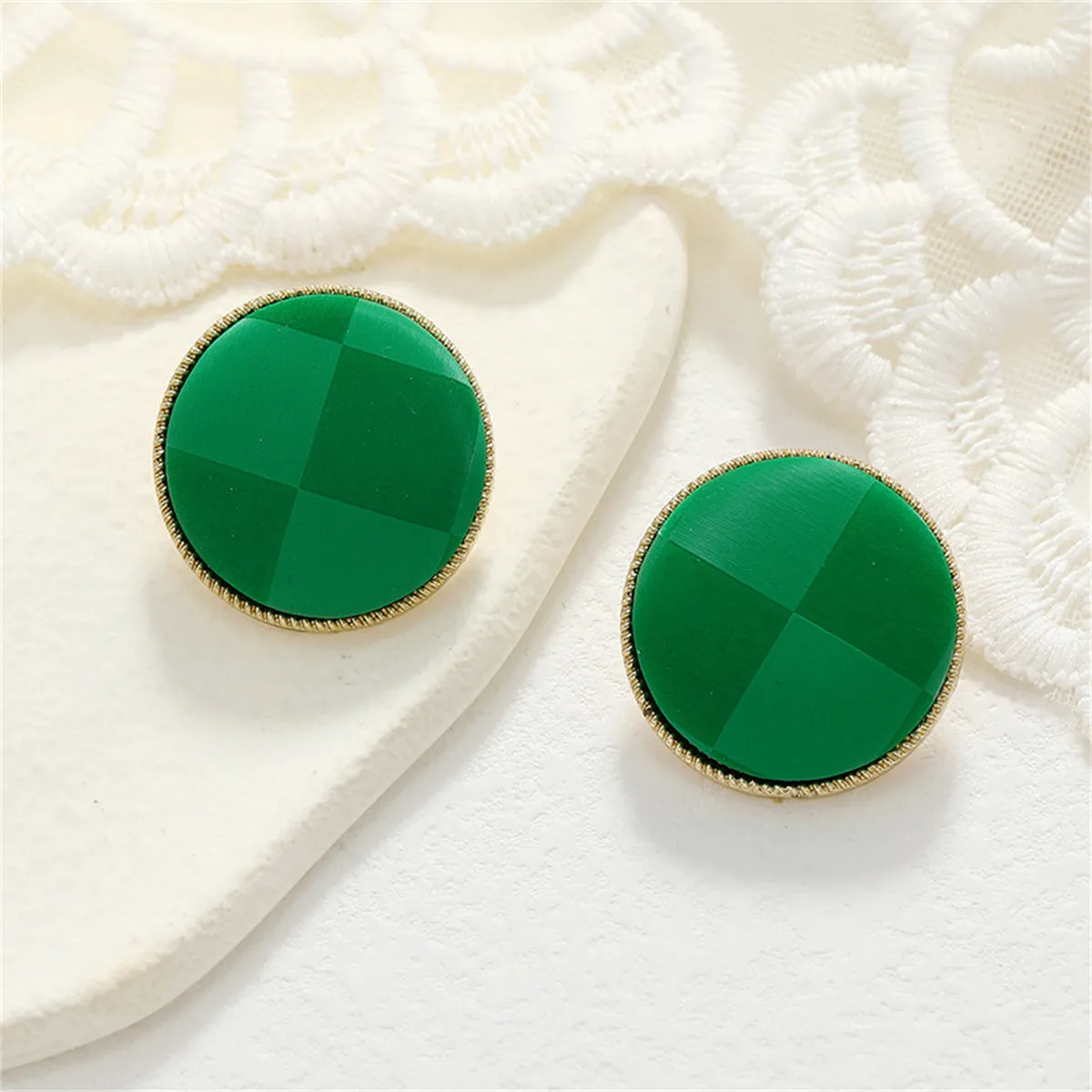 Green Polystyrene & 18K Gold-Plated Plaid Round Stud Earrings