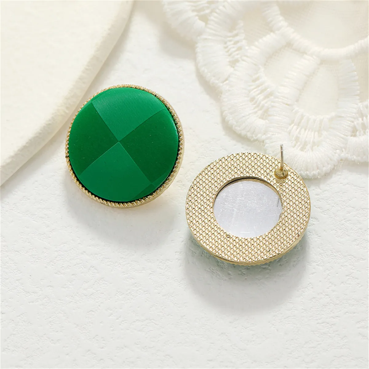 Green Polystyrene & 18K Gold-Plated Plaid Round Stud Earrings