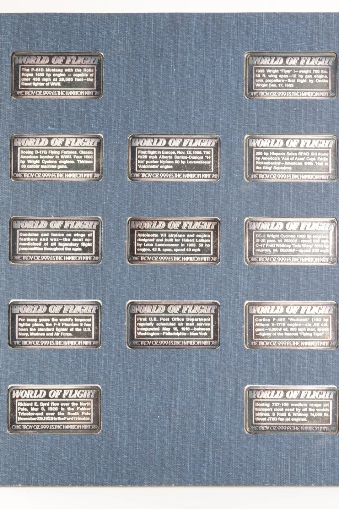 Hamilton Mint Collectible 1974 World of Flight 999 Silver Ingot Set (1,555.20g.)