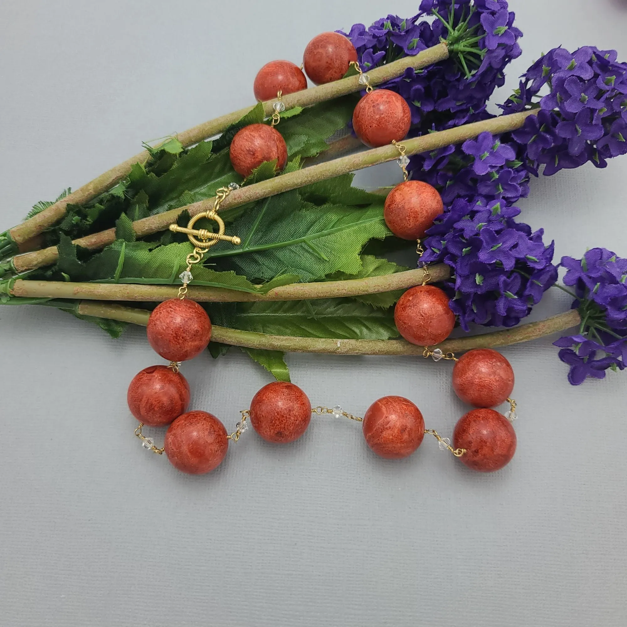 Handmade Red Coral Necklace with Vermeil Toggle Clasp and Gold Wire.