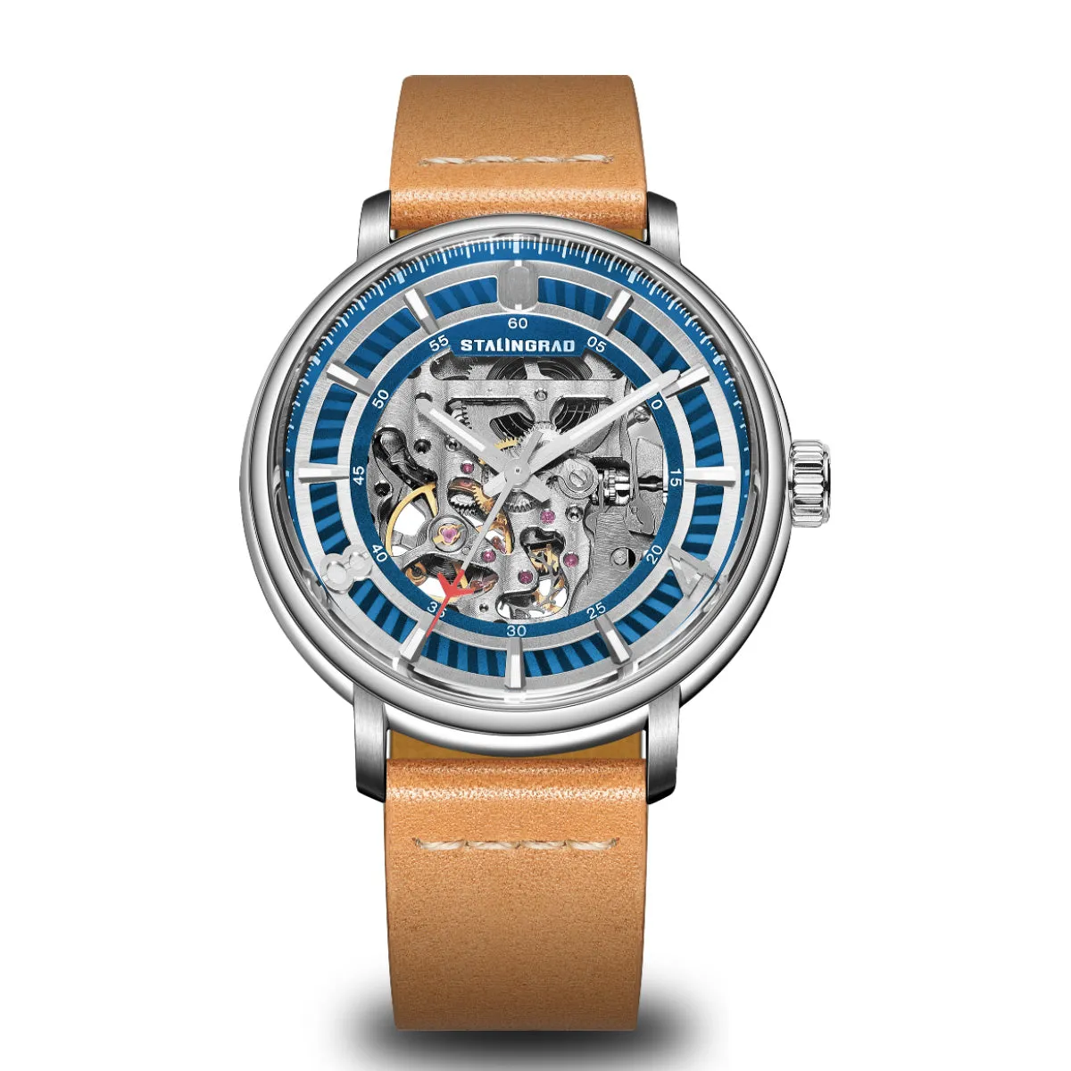 Hero. Skeleton Dial. Sky Blue. Beige Leather Strap. SG-1003-01