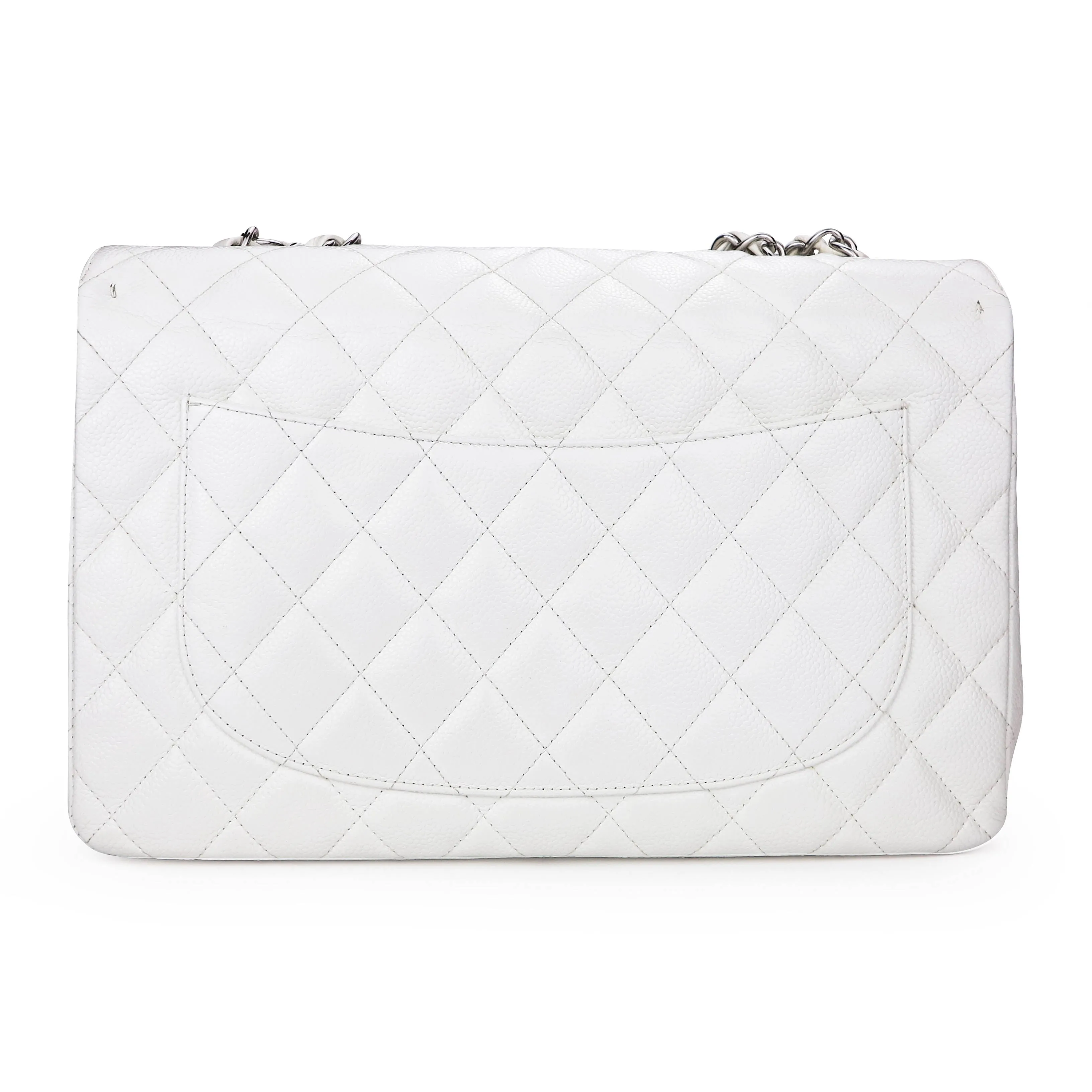 Jumbo Classic Single Flap Bag in White Caviar SHW