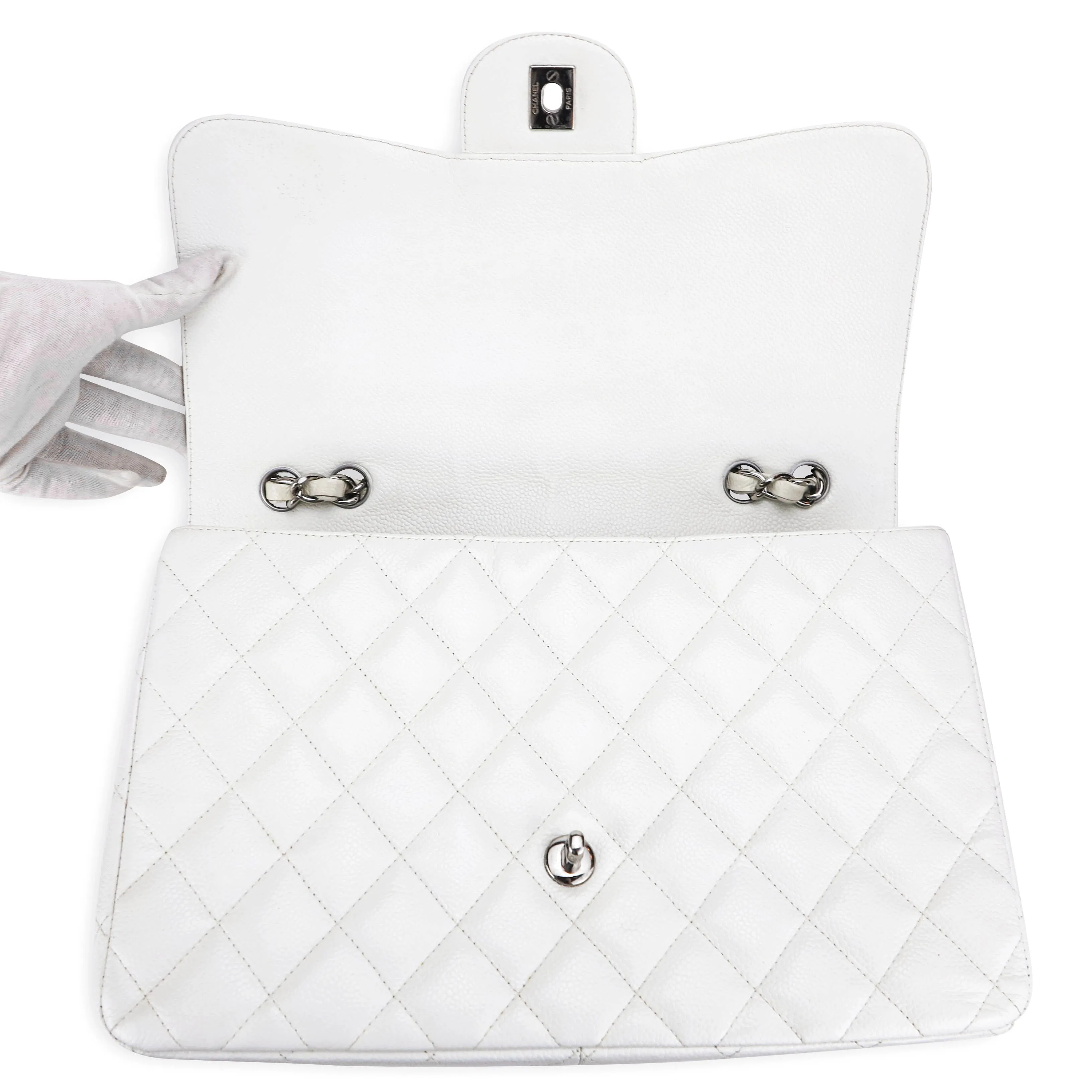 Jumbo Classic Single Flap Bag in White Caviar SHW