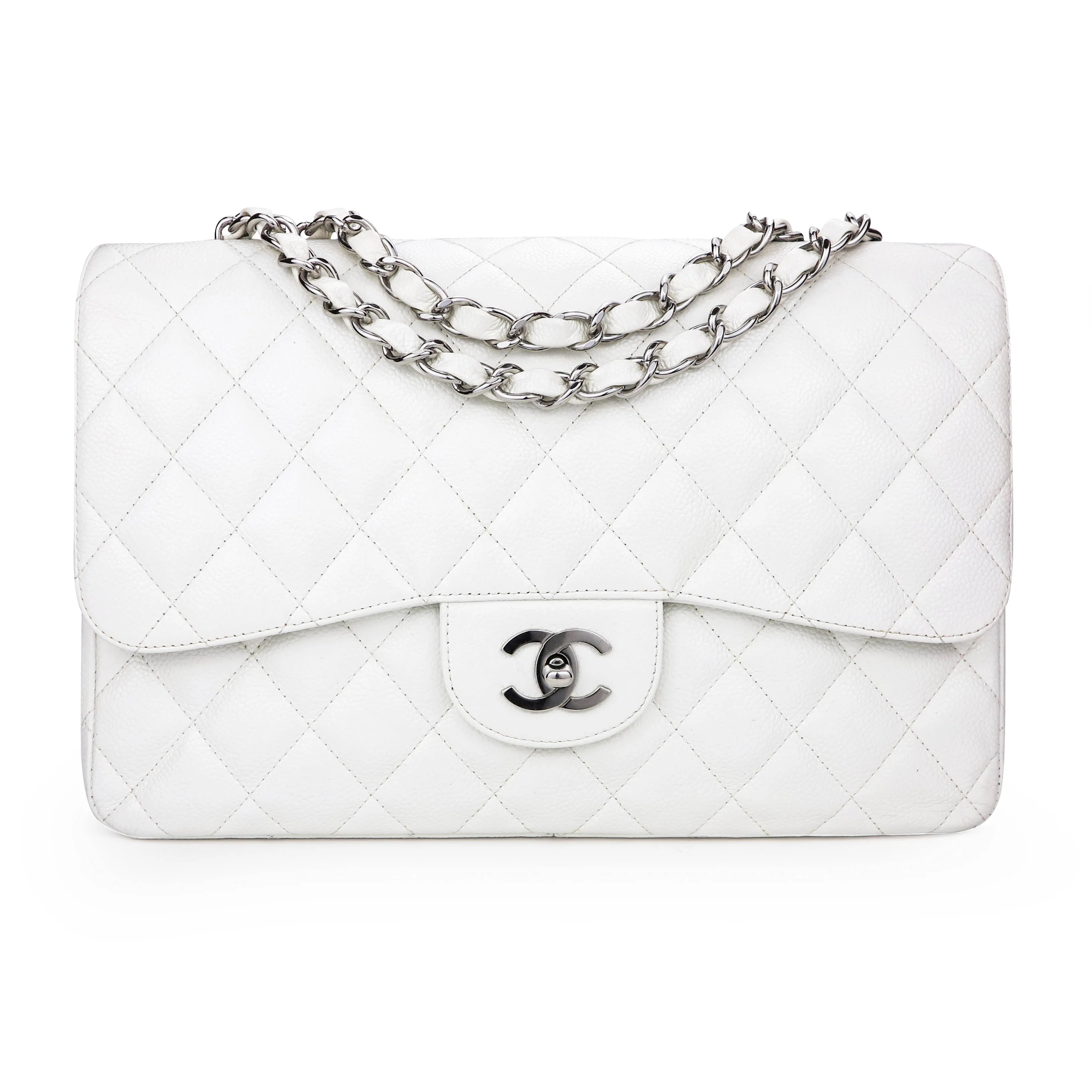 Jumbo Classic Single Flap Bag in White Caviar SHW