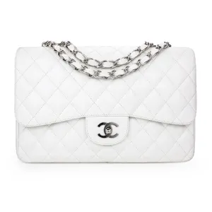 Jumbo Classic Single Flap Bag in White Caviar SHW
