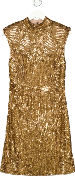 Karen Millen Gold Embellished Strong Shoulder Dress UK 12