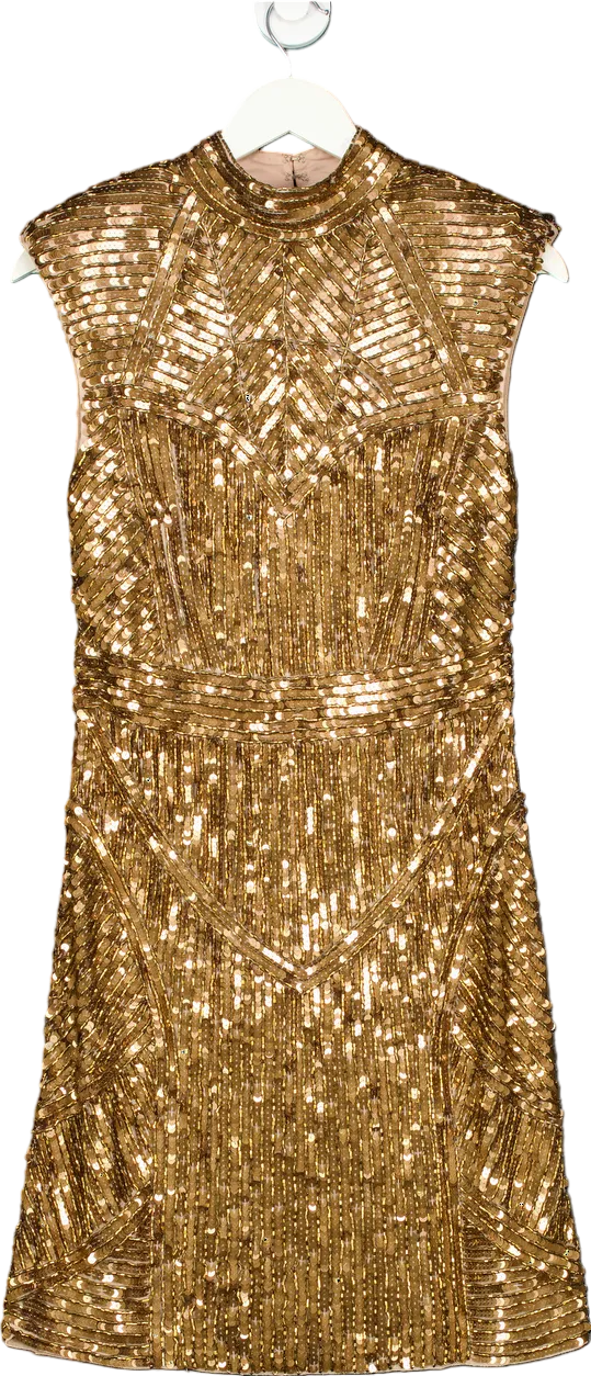 Karen Millen Gold Embellished Strong Shoulder Dress UK 12