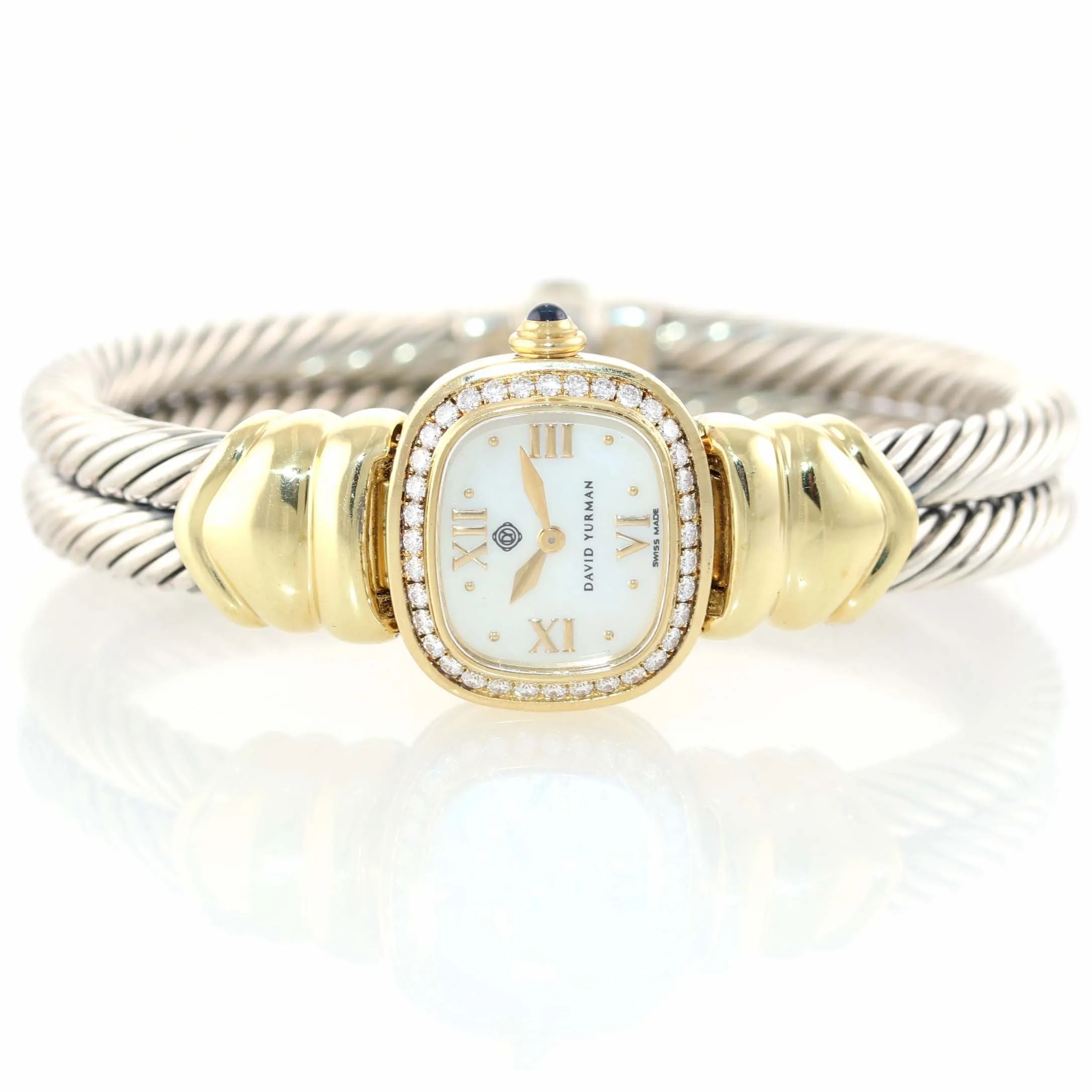 Ladies David Yurman T-17326 18k Gold Silver Diamond MOP Bangle Bracelet Watch