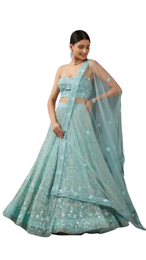 Light Blue Fully Beaded Floral Embellished Lehenga