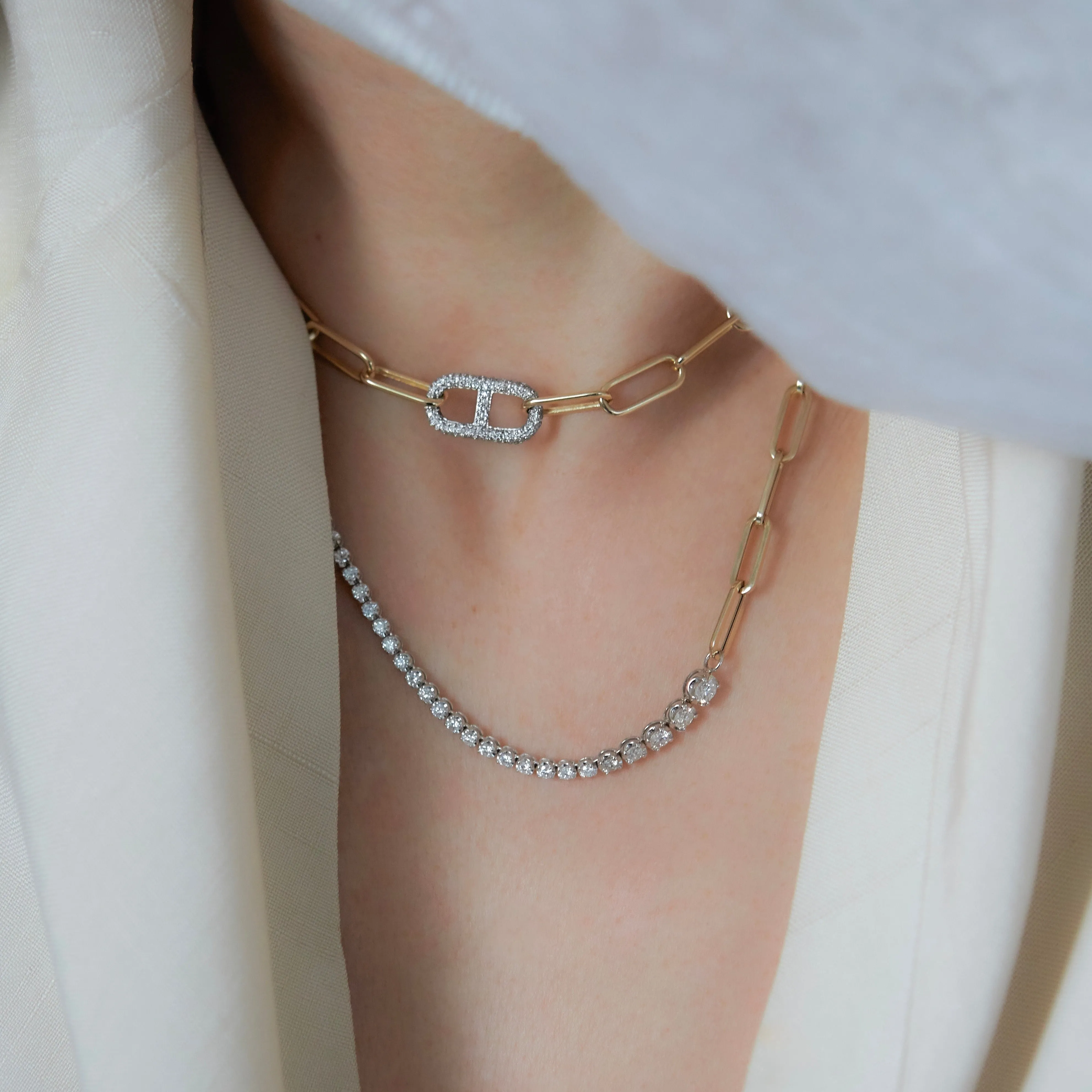 Link Necklace with Stirrup Pavé White Diamonds with Tusk Clasp