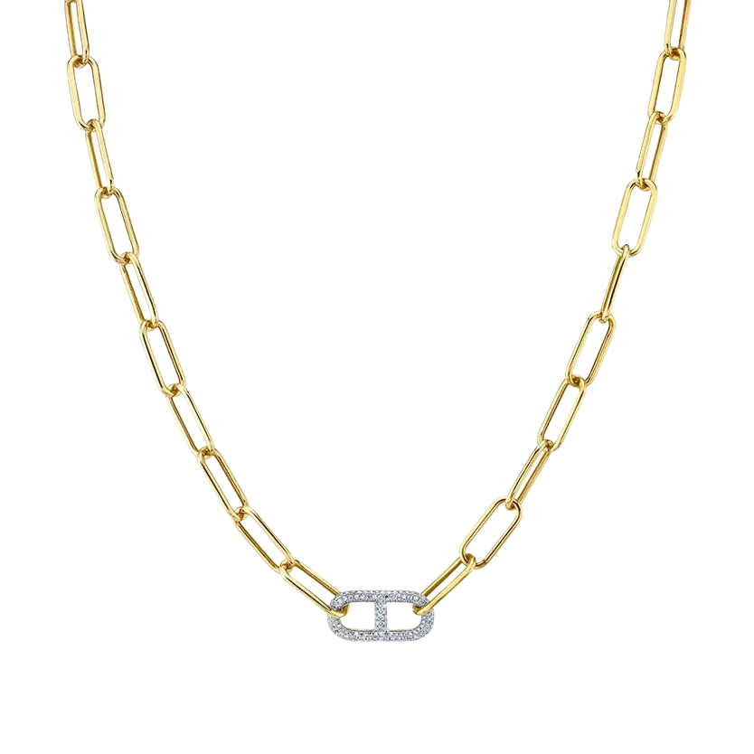 Link Necklace with Stirrup Pavé White Diamonds with Tusk Clasp