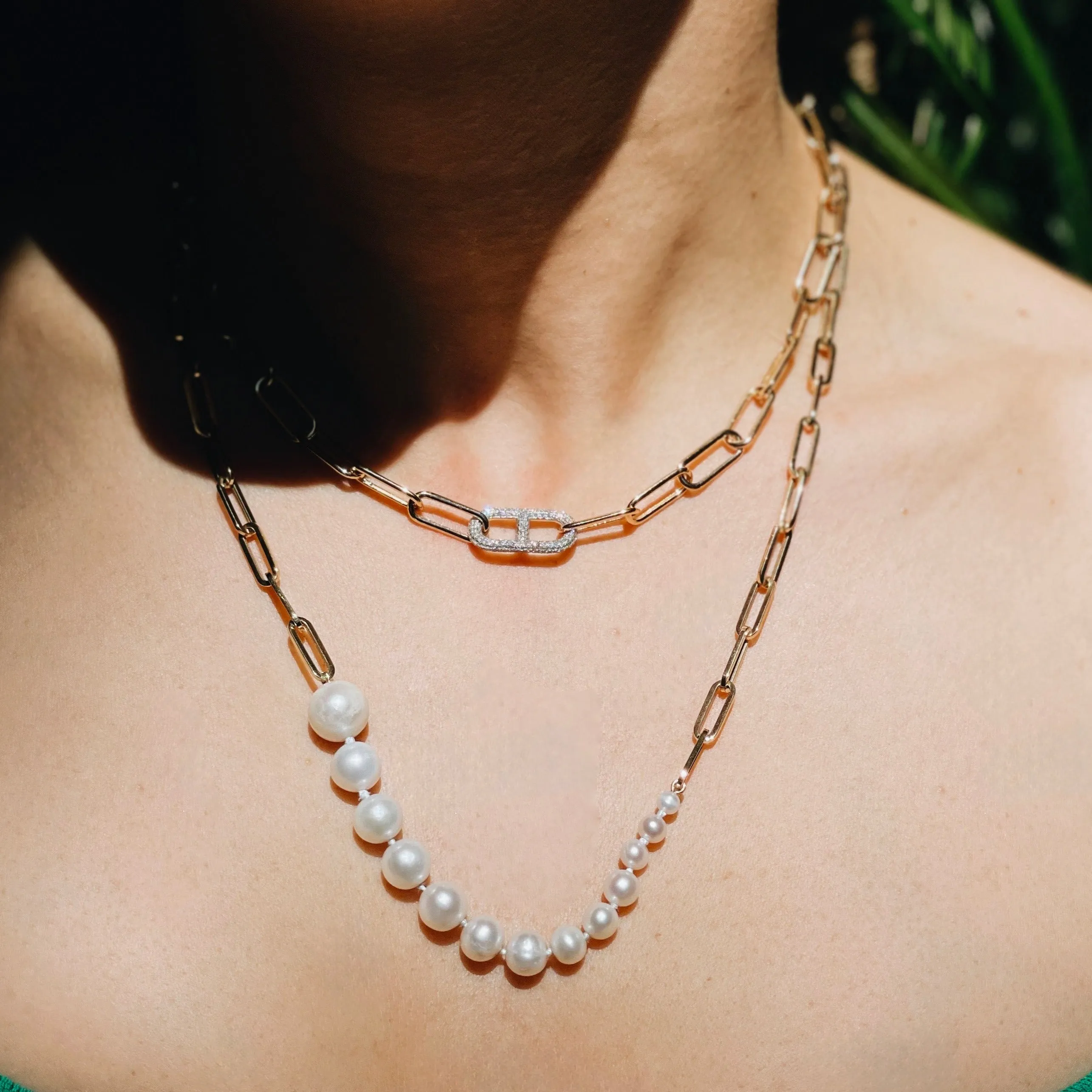 Link Necklace with Stirrup Pavé White Diamonds with Tusk Clasp