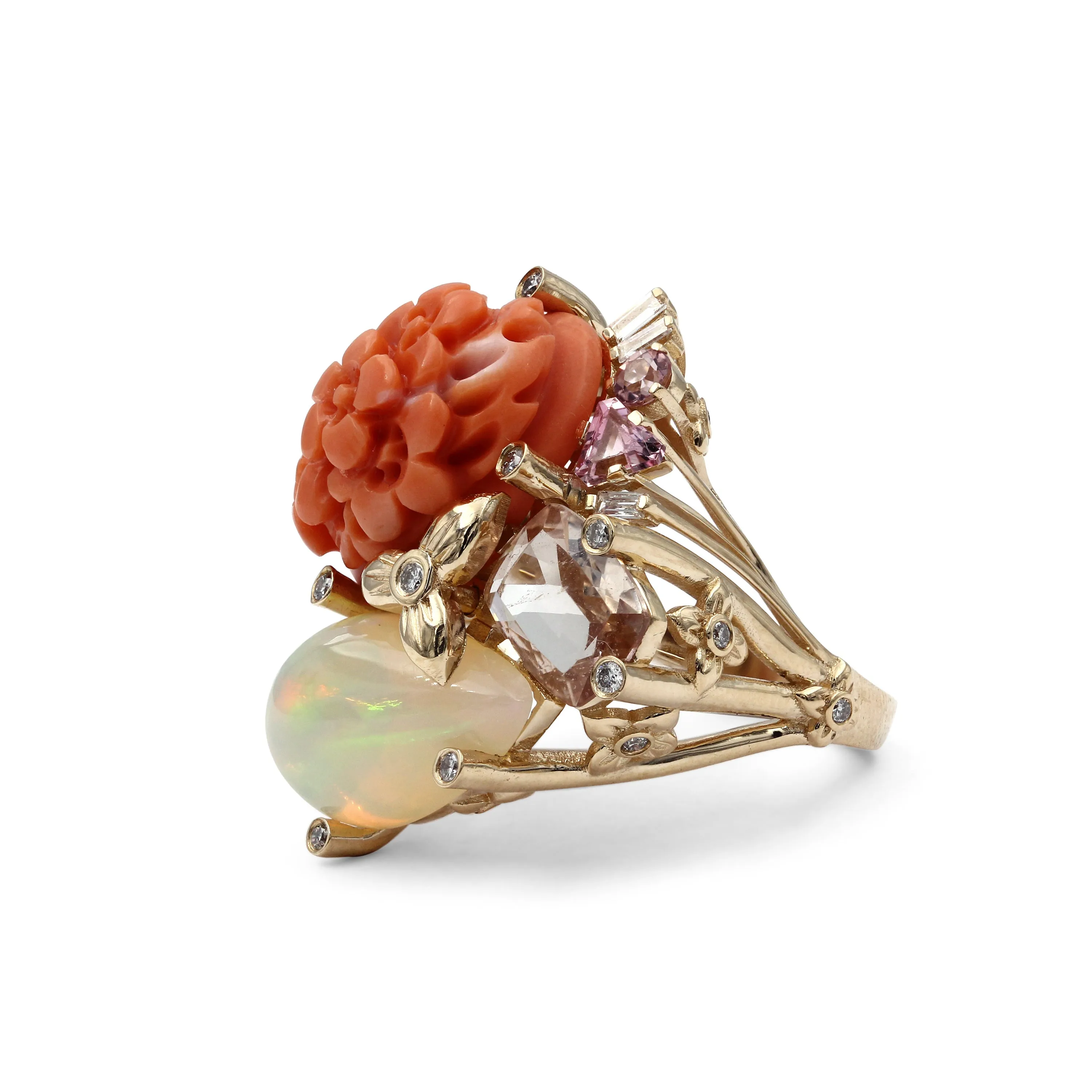 Luxury Hand Carved Coral 14.5ct Ethiopian Opal 5.1ct Morganite 1.5ct Pink Tourmaline 0.40ct and Diamond 0.45ct Ring in 18K Gold