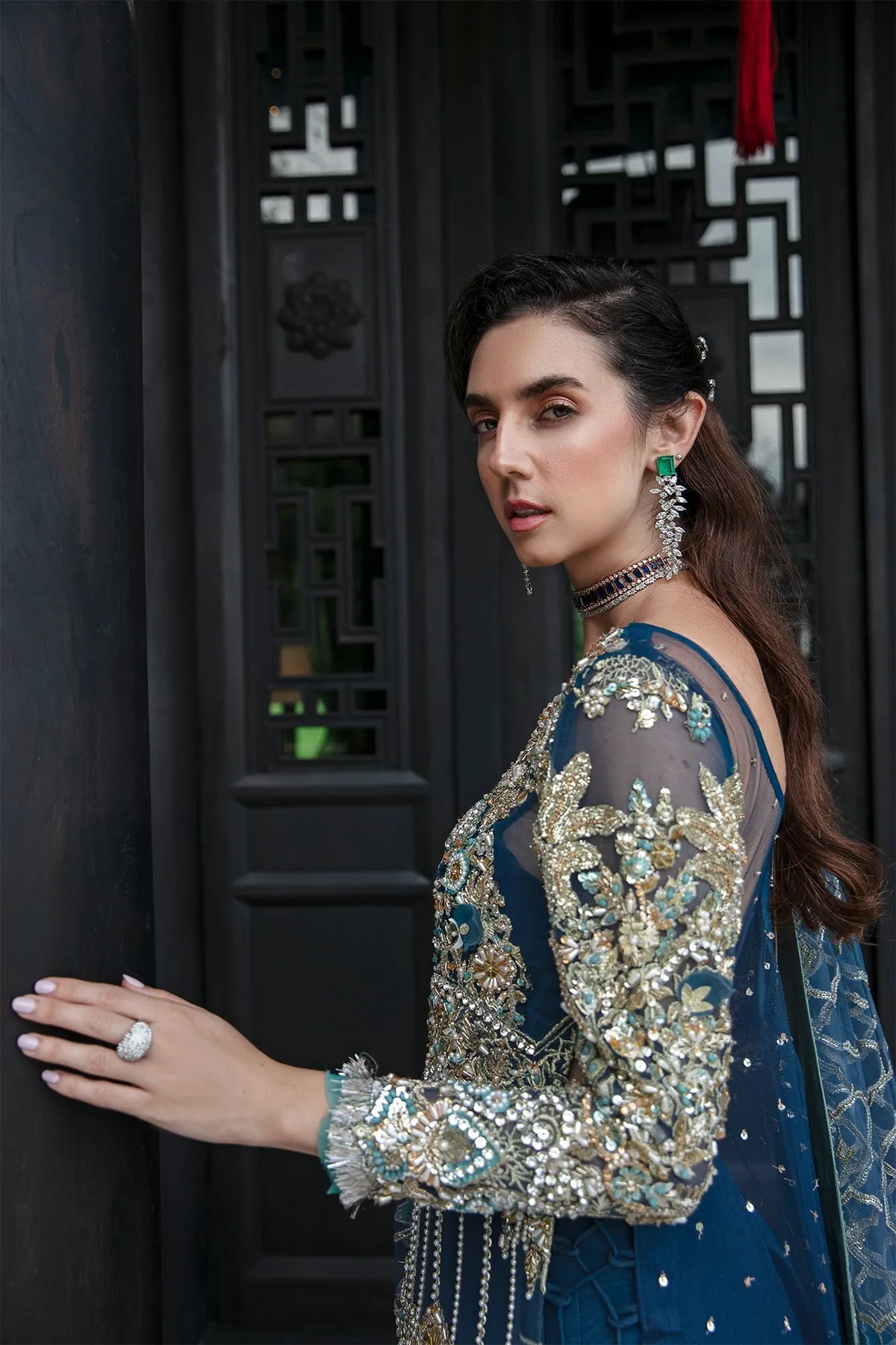 Luxury Pakistani Wedding Dress Embroidered Gown Pishwas in Blue Shade